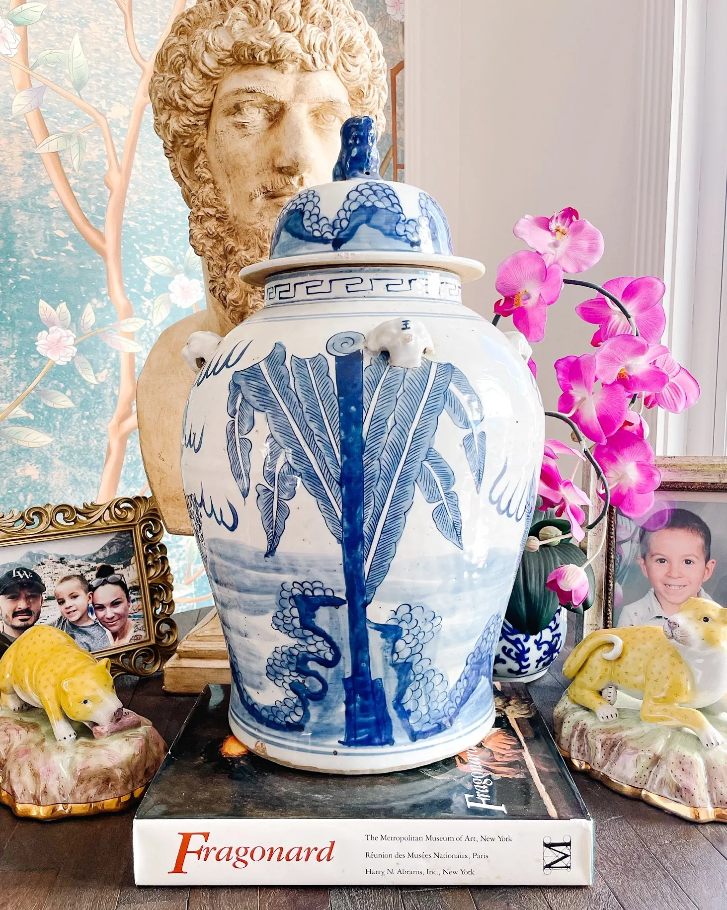20" Chinoiserie Blue & White Mythological Qilin Temple Jar