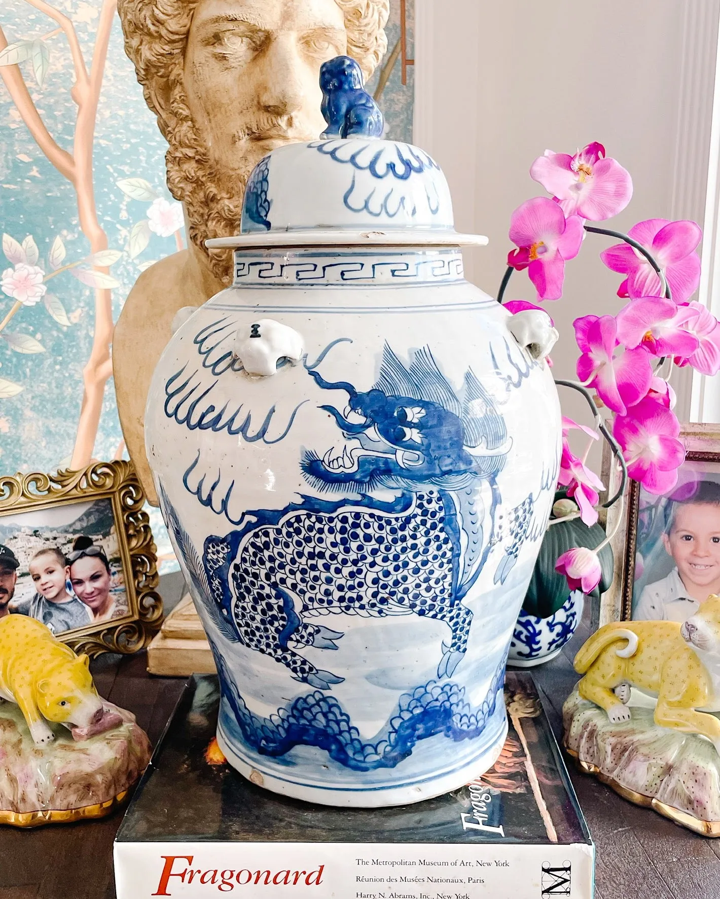 20" Chinoiserie Blue & White Mythological Qilin Temple Jar