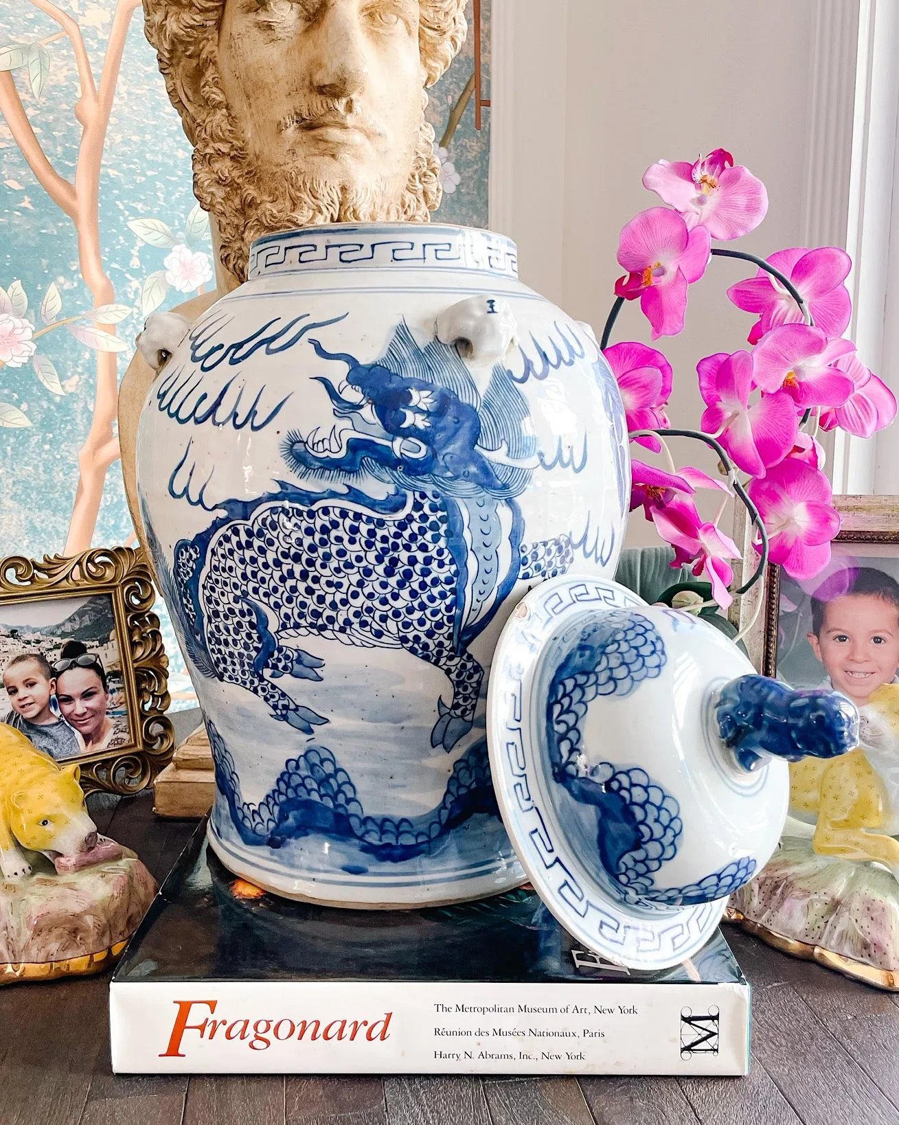20" Chinoiserie Blue & White Mythological Qilin Temple Jar