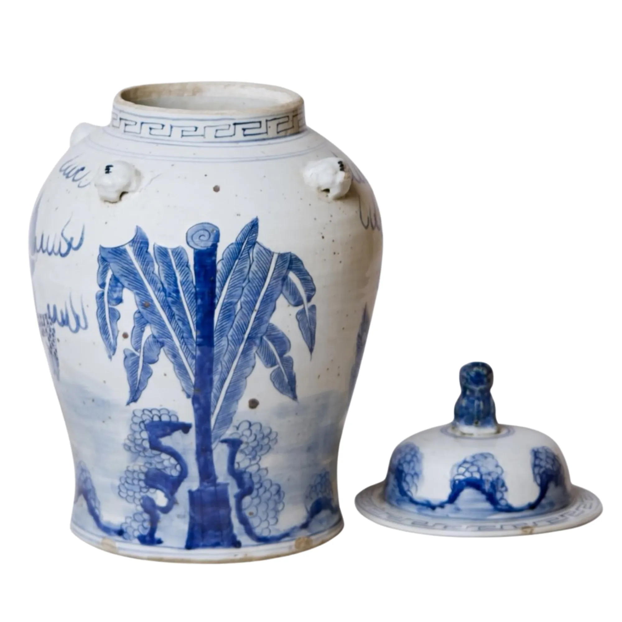 20" Chinoiserie Blue & White Mythological Qilin Temple Jar
