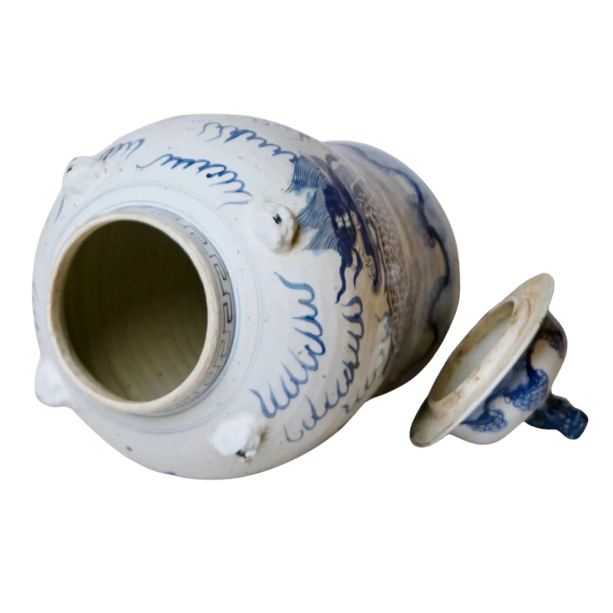 20" Chinoiserie Blue & White Mythological Qilin Temple Jar