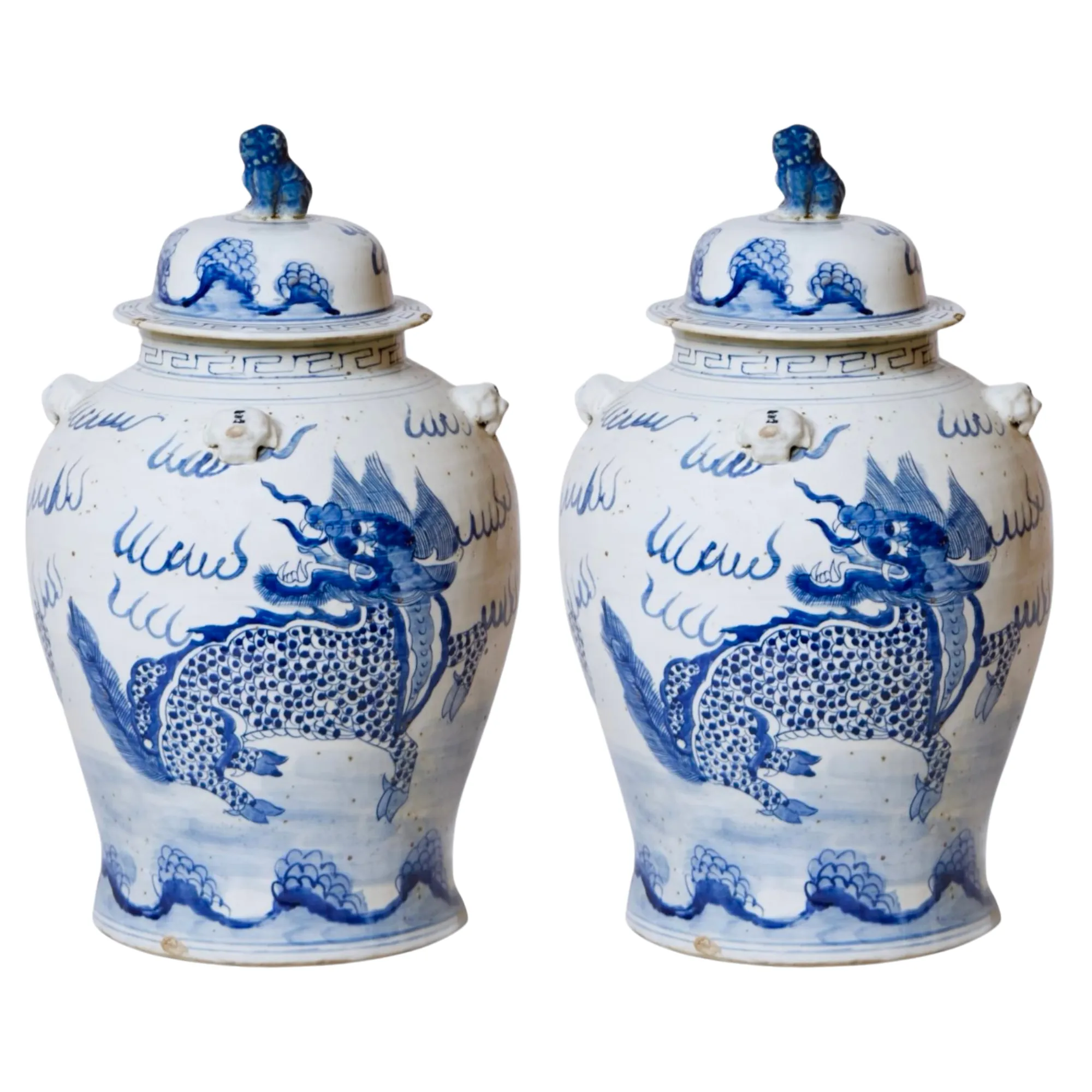 20" Chinoiserie Blue & White Mythological Qilin Temple Jar