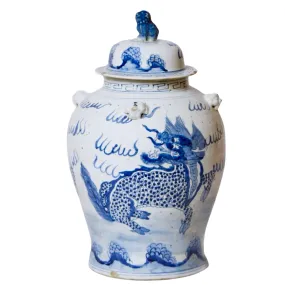 20" Chinoiserie Blue & White Mythological Qilin Temple Jar
