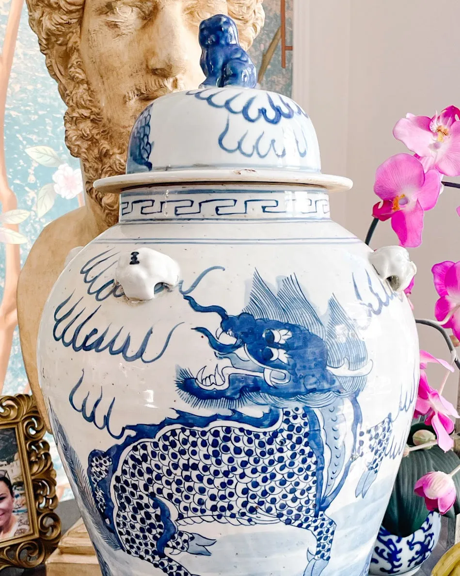 20" Chinoiserie Blue & White Mythological Qilin Temple Jar