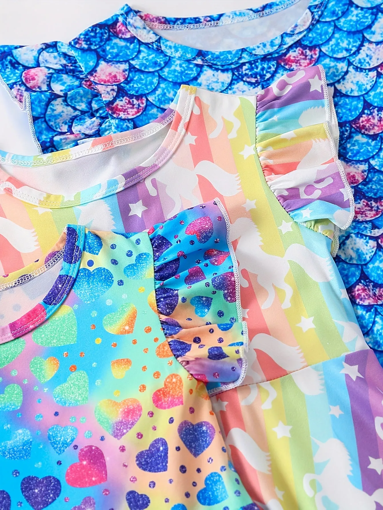3-Piece Girls Unicorn/Fish Scales/Hearts Dress Set - Adorable Full-Print Ruffle Sleeve Casual Outfits for Everyday Adventures