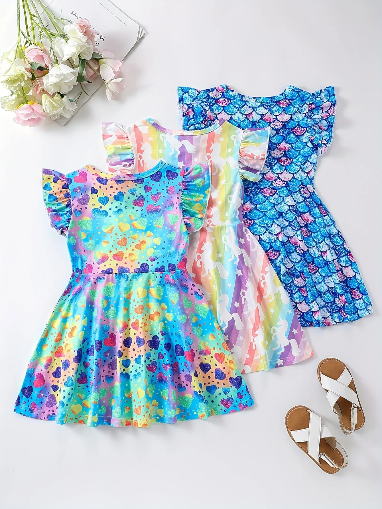 3-Piece Girls Unicorn/Fish Scales/Hearts Dress Set - Adorable Full-Print Ruffle Sleeve Casual Outfits for Everyday Adventures