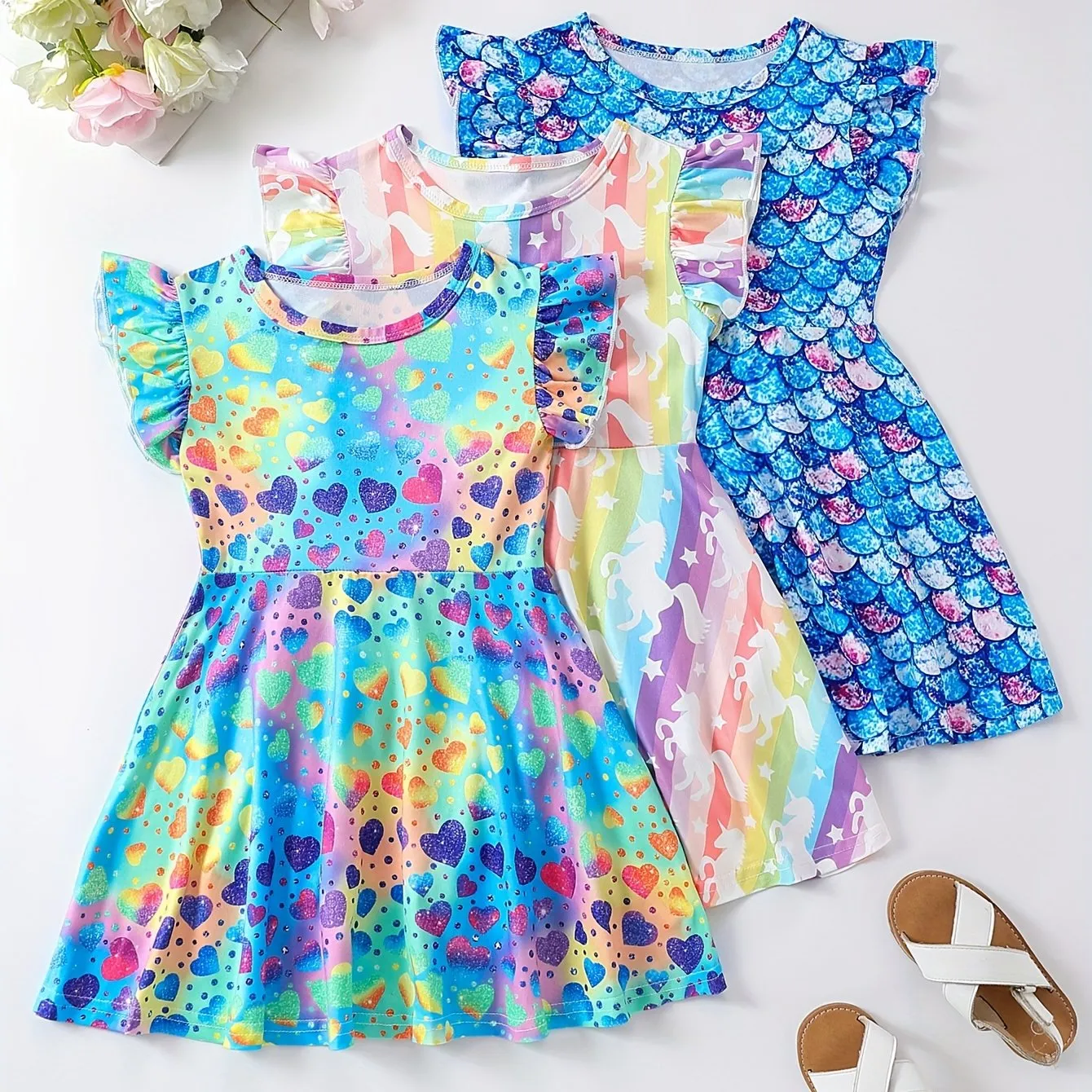 3-Piece Girls Unicorn/Fish Scales/Hearts Dress Set - Adorable Full-Print Ruffle Sleeve Casual Outfits for Everyday Adventures