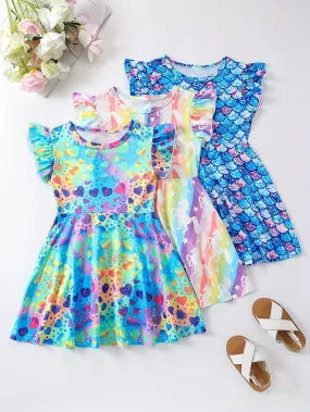 3-Piece Girls Unicorn/Fish Scales/Hearts Dress Set - Adorable Full-Print Ruffle Sleeve Casual Outfits for Everyday Adventures