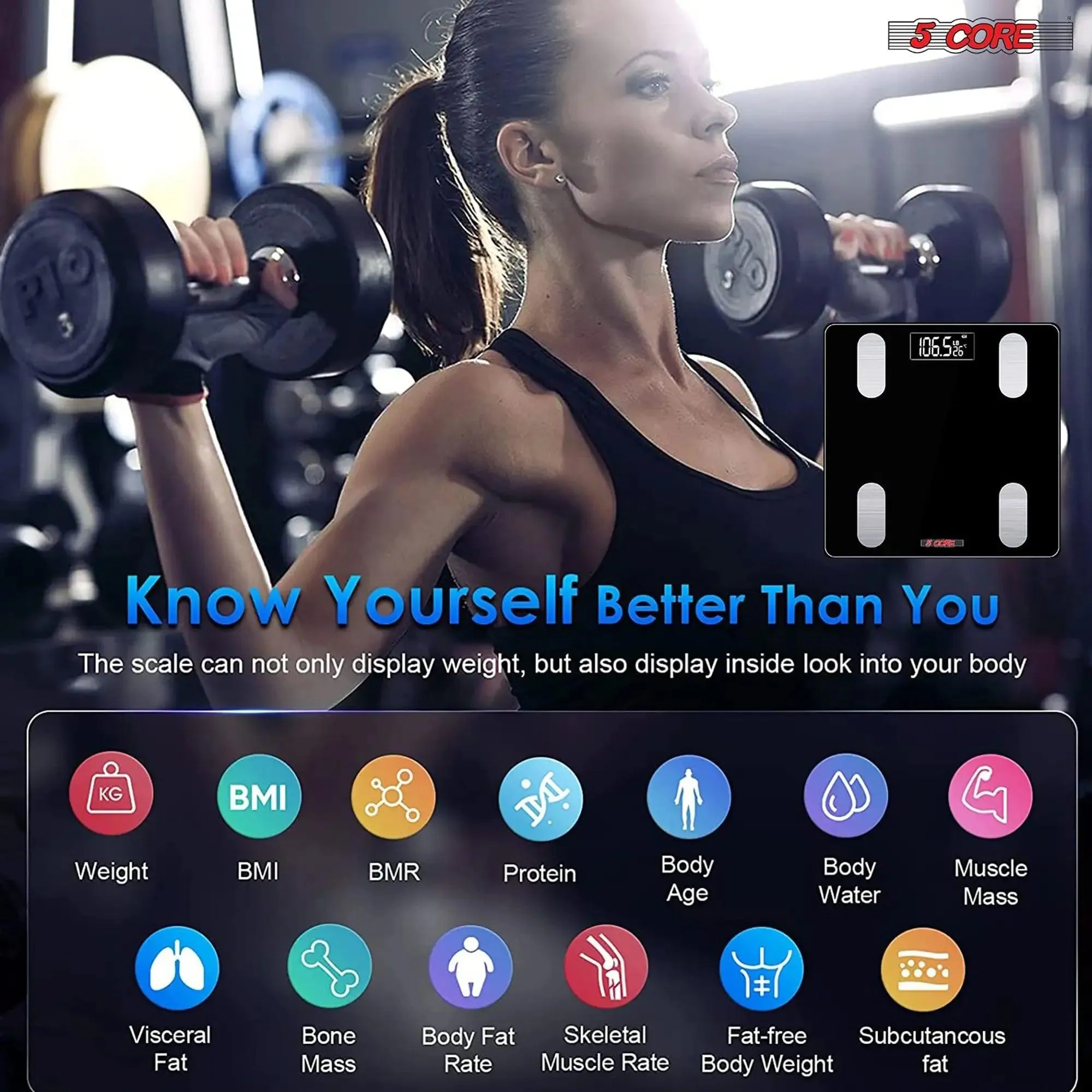 5 Core Smart Weight Scale for Body Weight Digital Bathroom Scale Bluetooth Body Fat Monitor Health Analyzer Sync with App Rechargeable -BBS VL R BLK