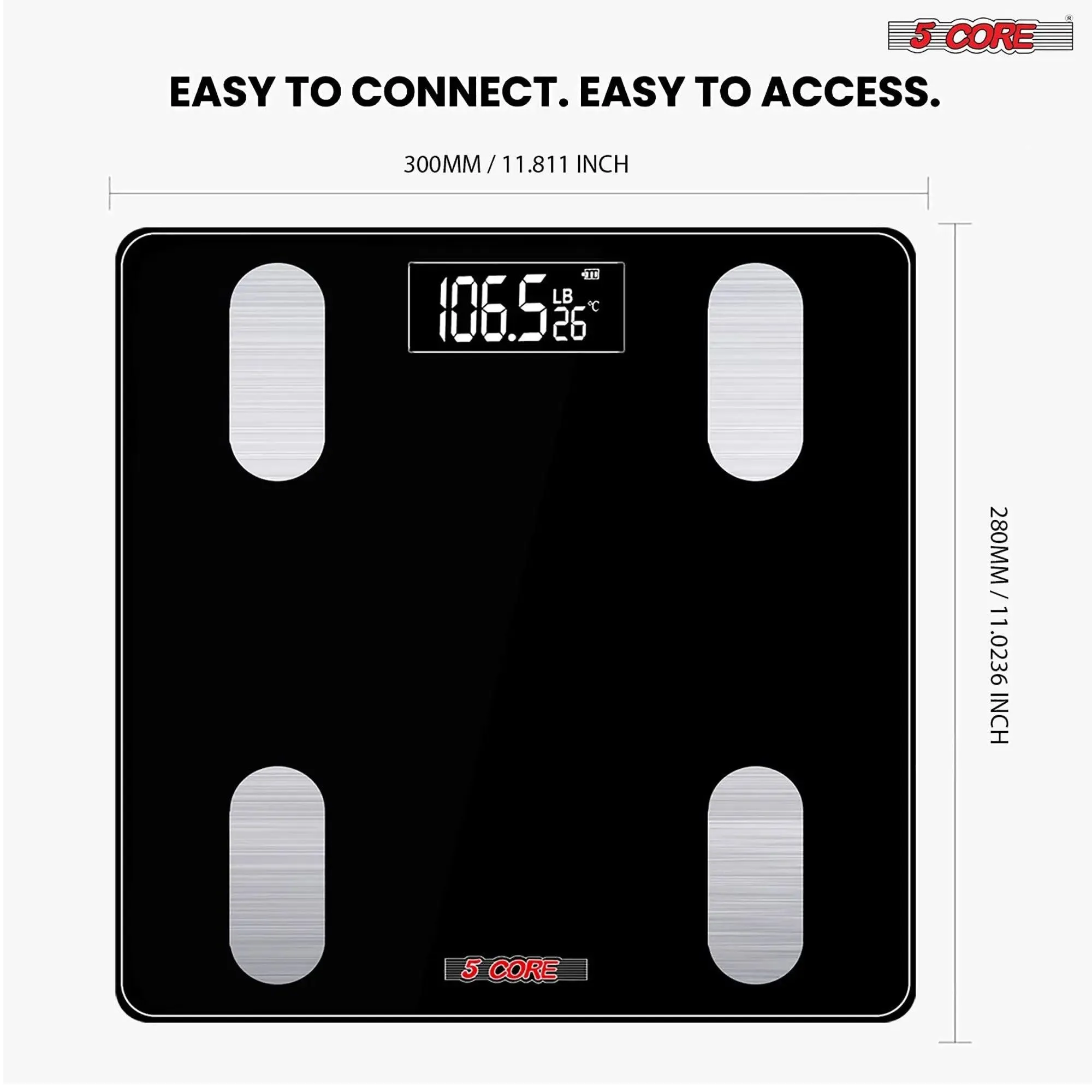 5 Core Smart Weight Scale for Body Weight Digital Bathroom Scale Bluetooth Body Fat Monitor Health Analyzer Sync with App Rechargeable -BBS VL R BLK