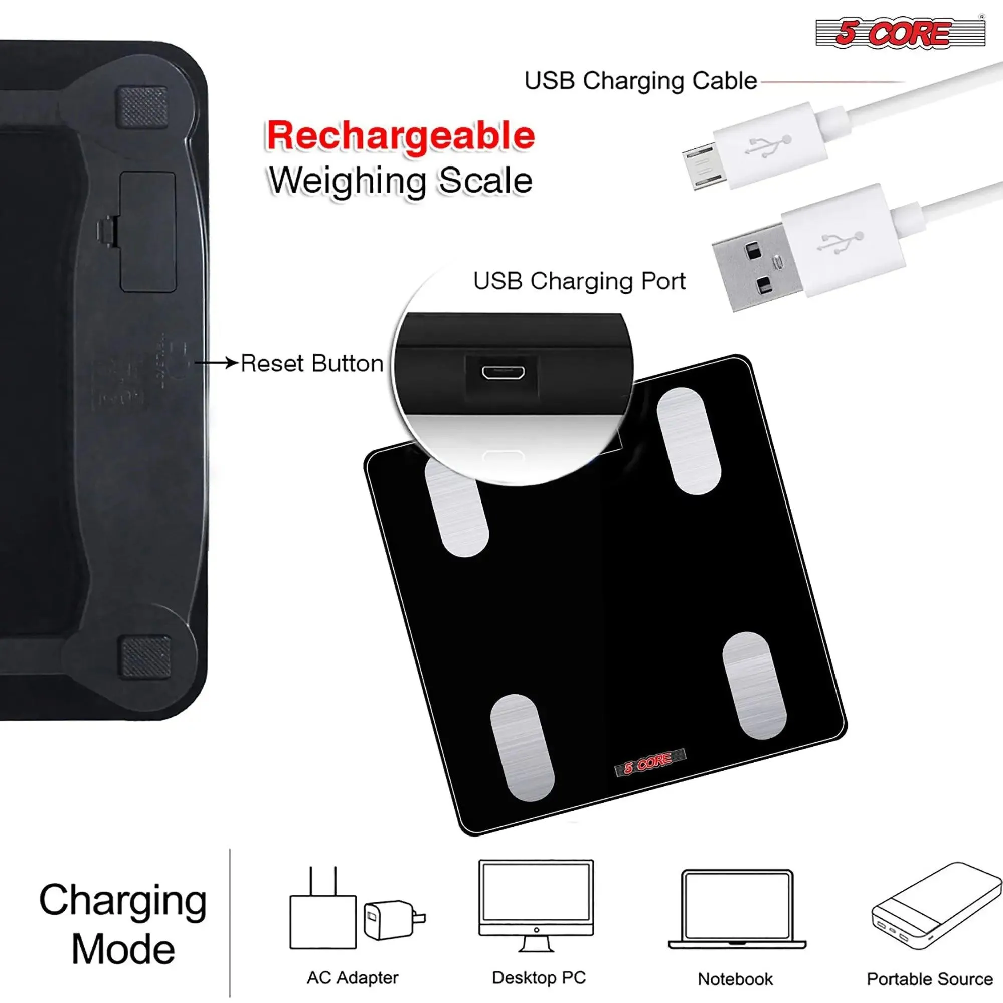 5 Core Smart Weight Scale for Body Weight Digital Bathroom Scale Bluetooth Body Fat Monitor Health Analyzer Sync with App Rechargeable -BBS VL R BLK