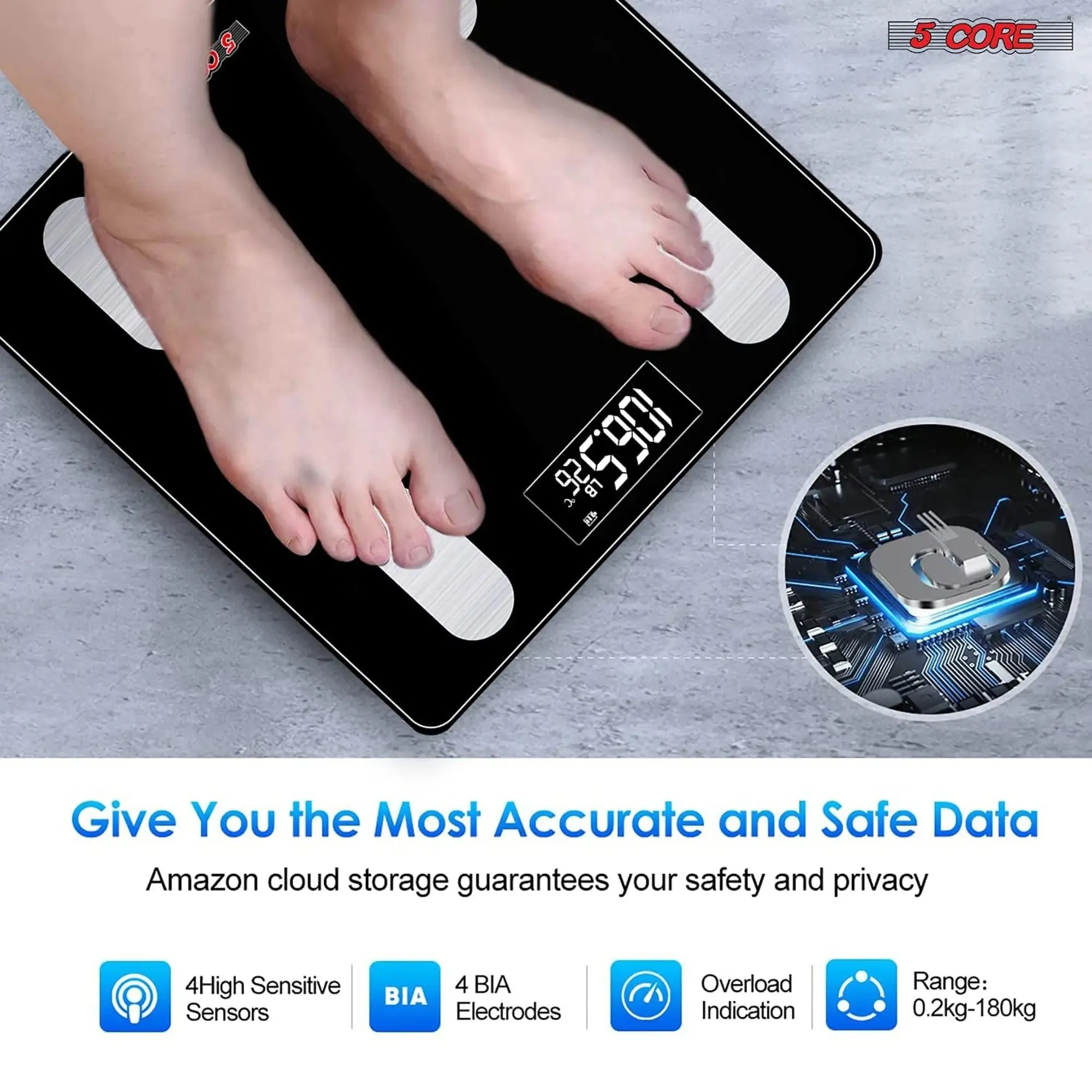 5 Core Smart Weight Scale for Body Weight Digital Bathroom Scale Bluetooth Body Fat Monitor Health Analyzer Sync with App Rechargeable -BBS VL R BLK