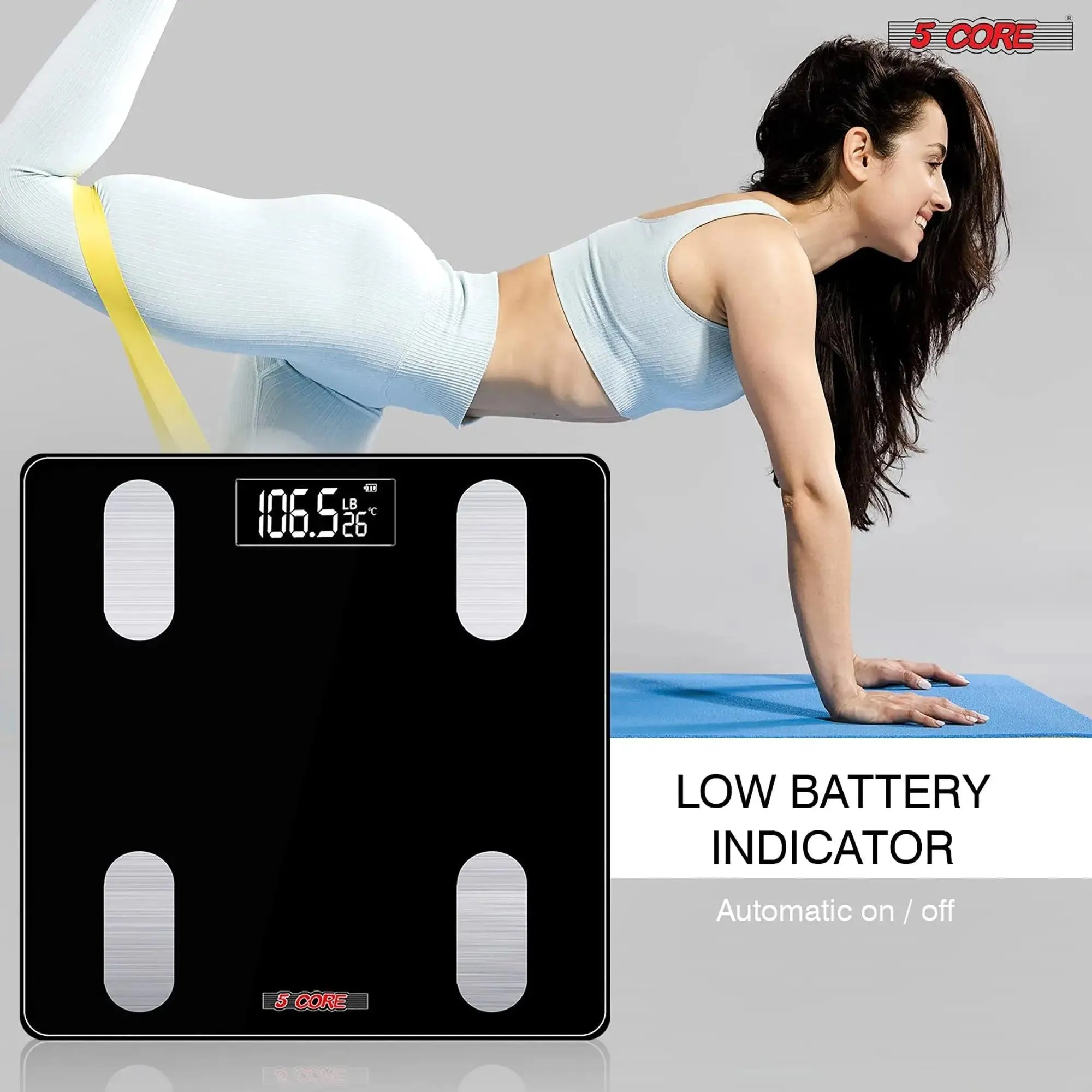 5 Core Smart Weight Scale for Body Weight Digital Bathroom Scale Bluetooth Body Fat Monitor Health Analyzer Sync with App Rechargeable -BBS VL R BLK
