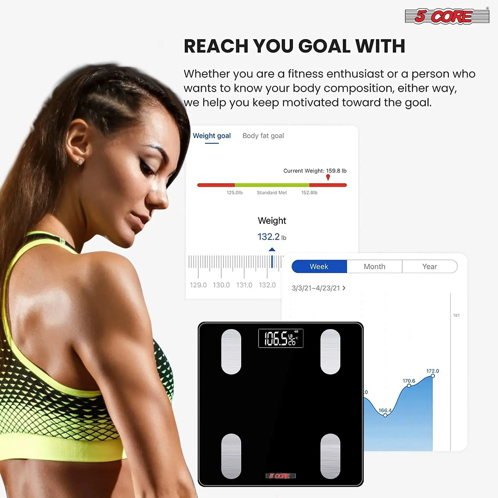 5 Core Smart Weight Scale for Body Weight Digital Bathroom Scale Bluetooth Body Fat Monitor Health Analyzer Sync with App Rechargeable -BBS VL R BLK