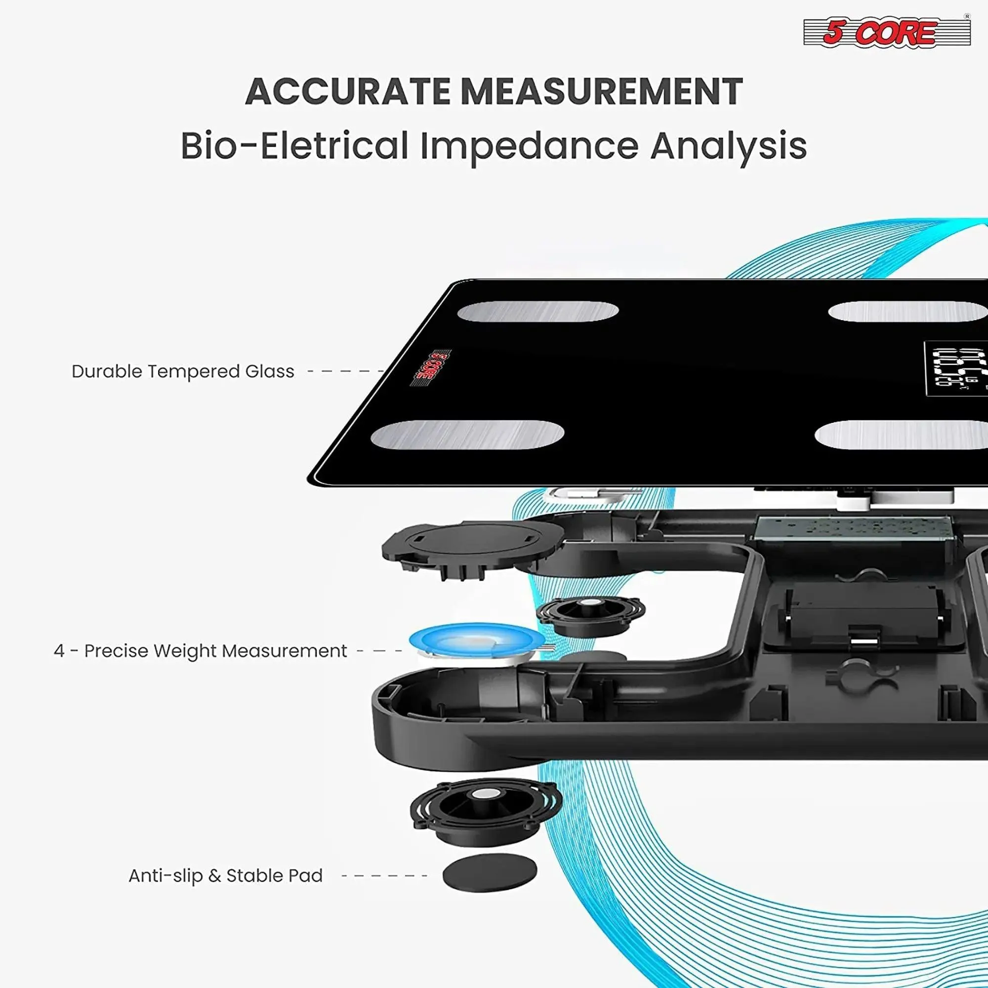 5 Core Smart Weight Scale for Body Weight Digital Bathroom Scale Bluetooth Body Fat Monitor Health Analyzer Sync with App Rechargeable -BBS VL R BLK