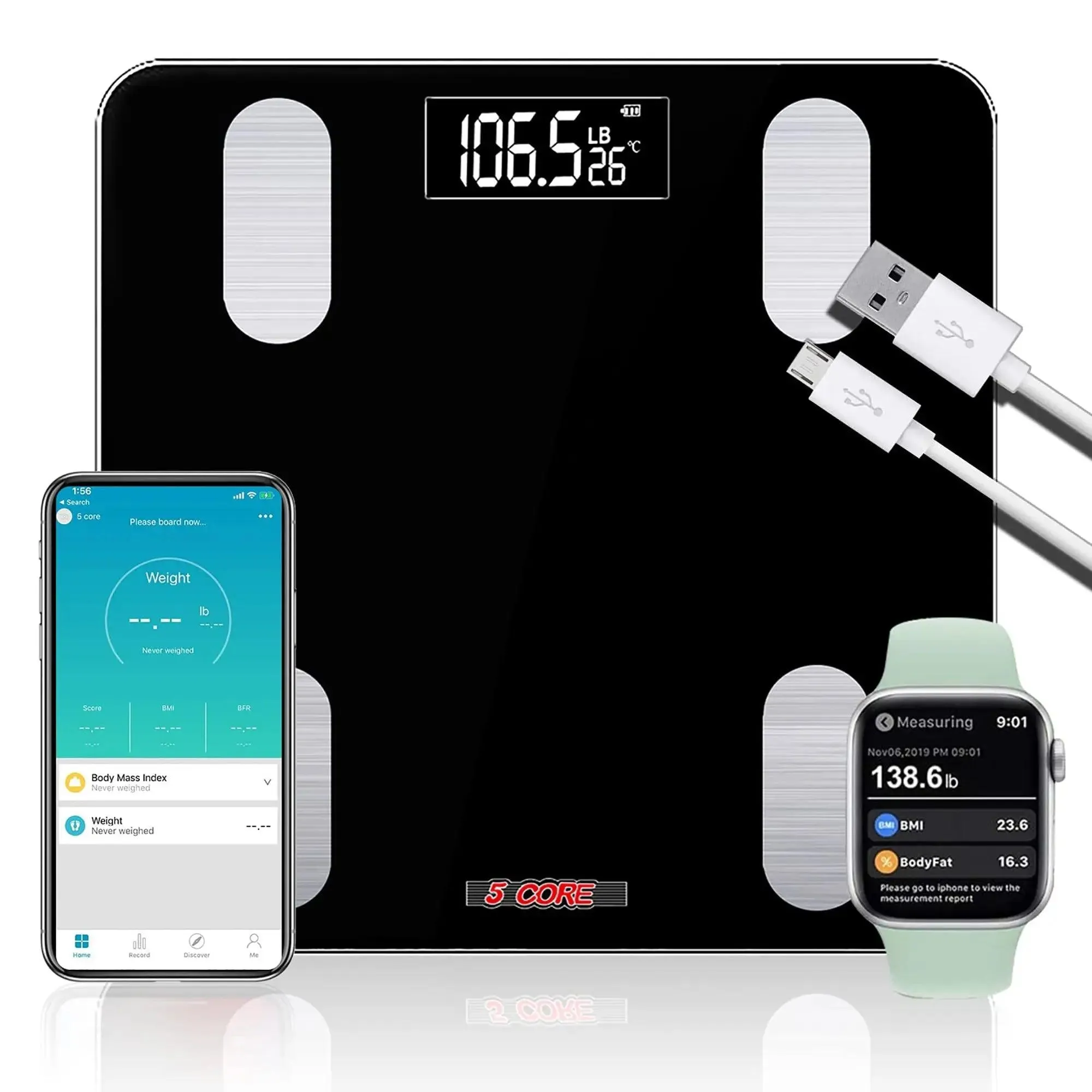 5 Core Smart Weight Scale for Body Weight Digital Bathroom Scale Bluetooth Body Fat Monitor Health Analyzer Sync with App Rechargeable -BBS VL R BLK