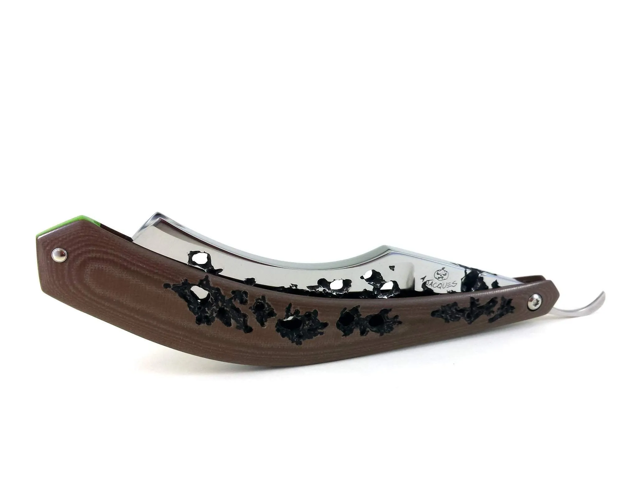 Alex Jacques 8/8" Curved Custom Straight Razor Brown hand carved G10 scales