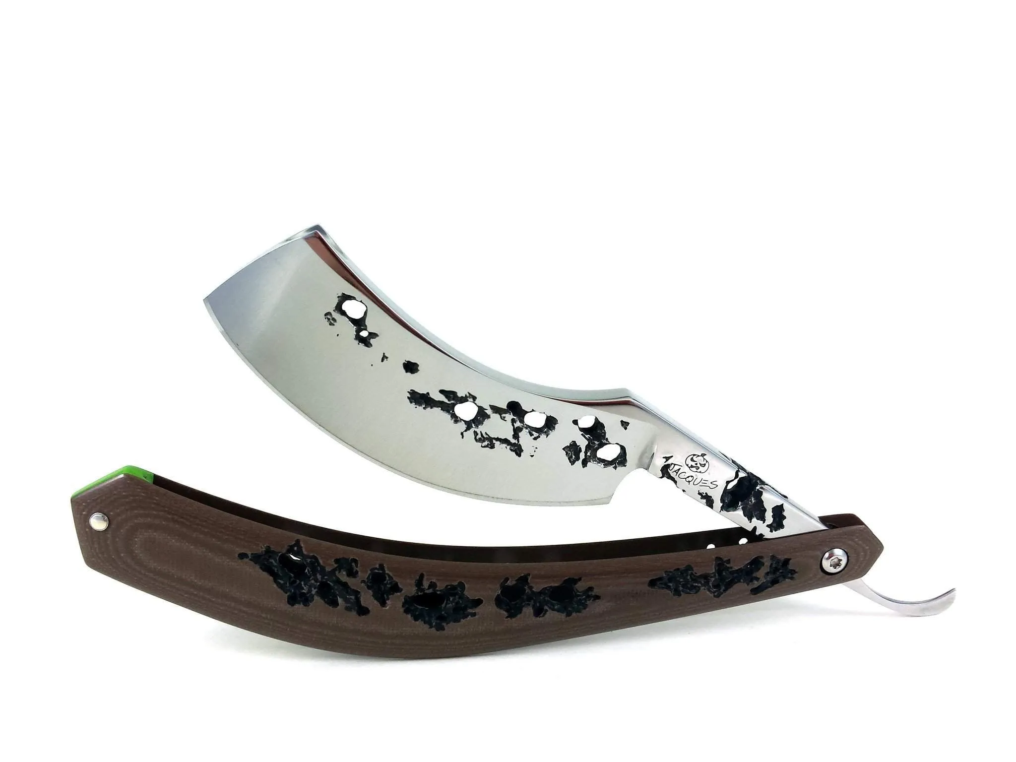 Alex Jacques 8/8" Curved Custom Straight Razor Brown hand carved G10 scales