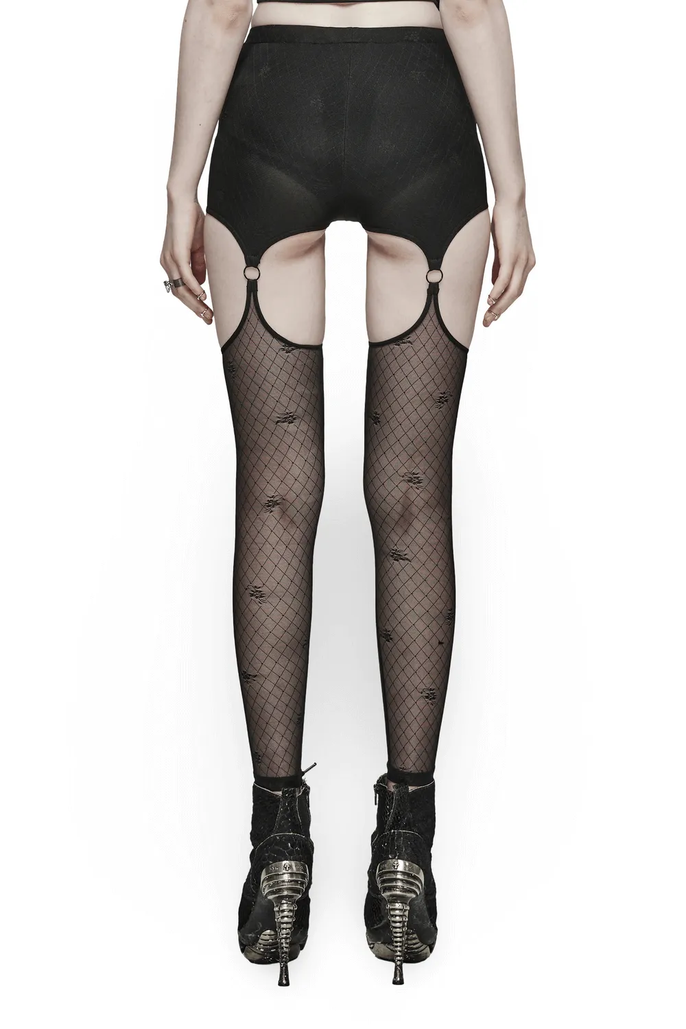 Alluring Gothic Lace-Up Mesh Leggings With Suspender Design