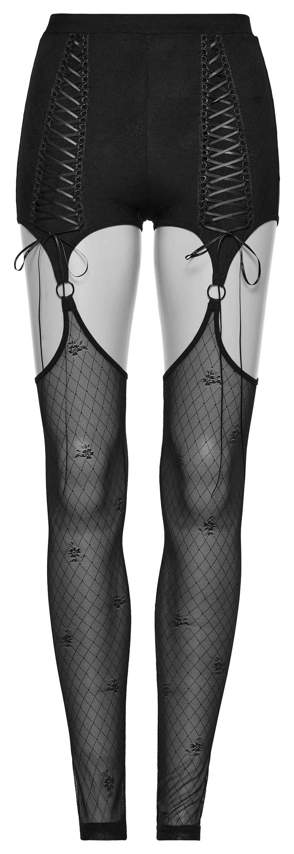Alluring Gothic Lace-Up Mesh Leggings With Suspender Design