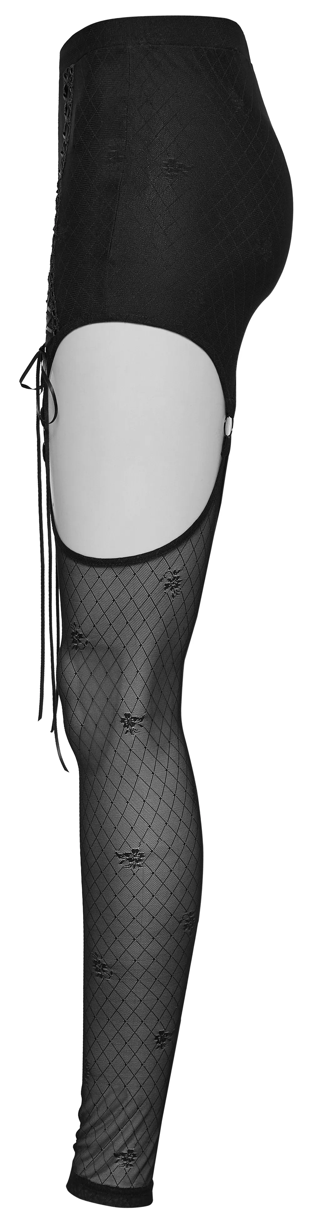 Alluring Gothic Lace-Up Mesh Leggings With Suspender Design