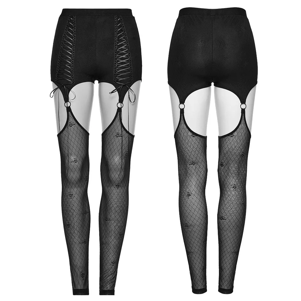 Alluring Gothic Lace-Up Mesh Leggings With Suspender Design