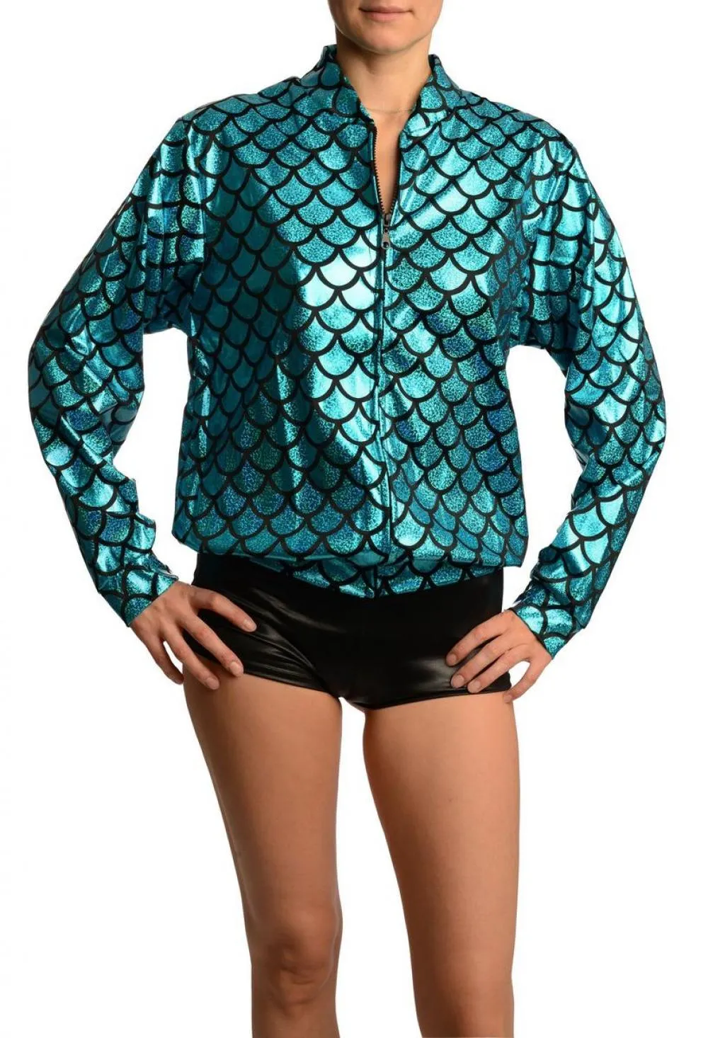 Blue Shiny Gloss Mermaid Scales Unisex Zip Disco Jacket