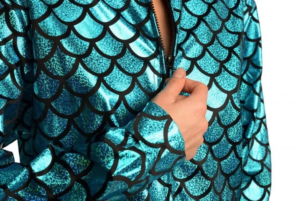 Blue Shiny Gloss Mermaid Scales Unisex Zip Disco Jacket