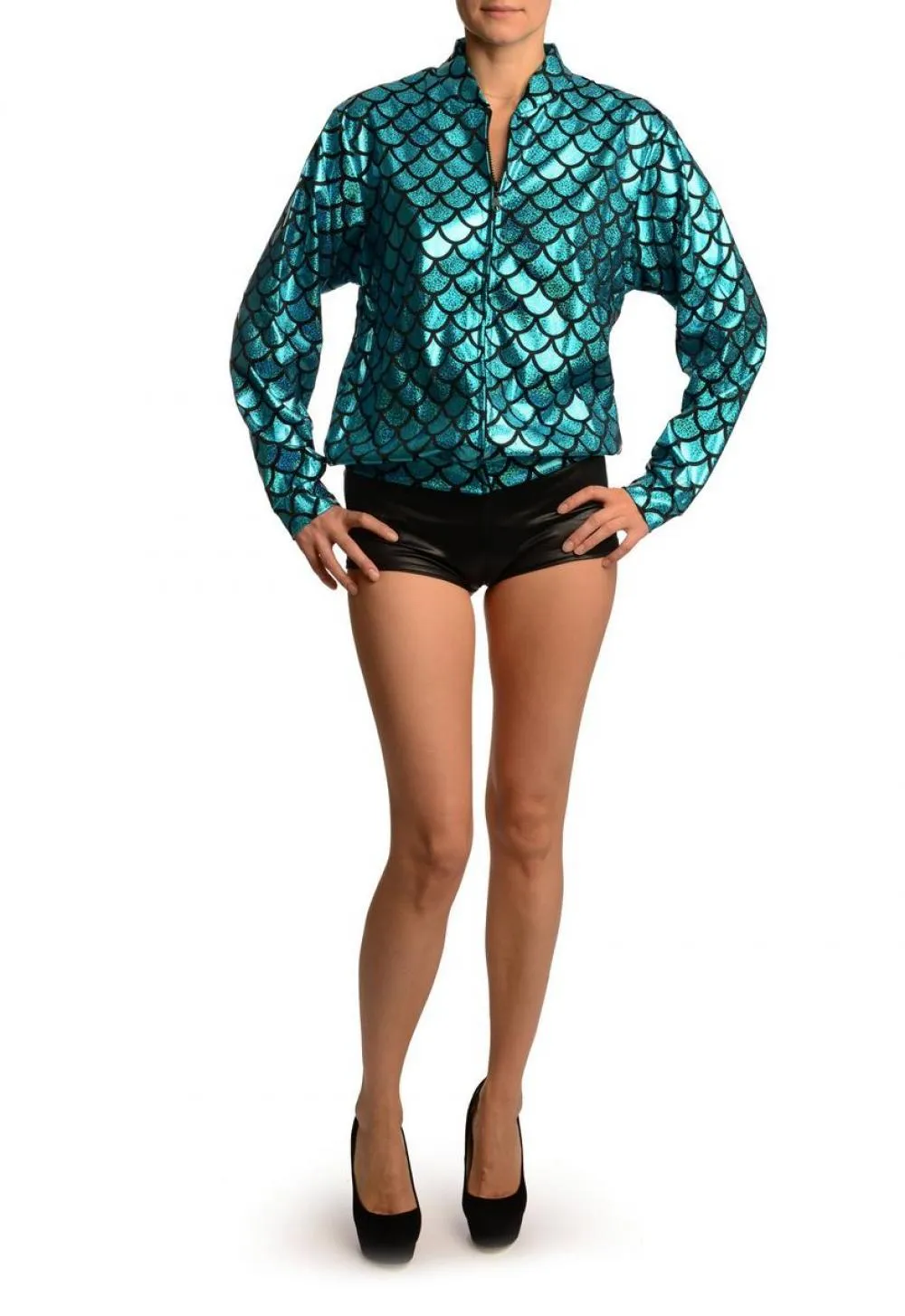 Blue Shiny Gloss Mermaid Scales Unisex Zip Disco Jacket