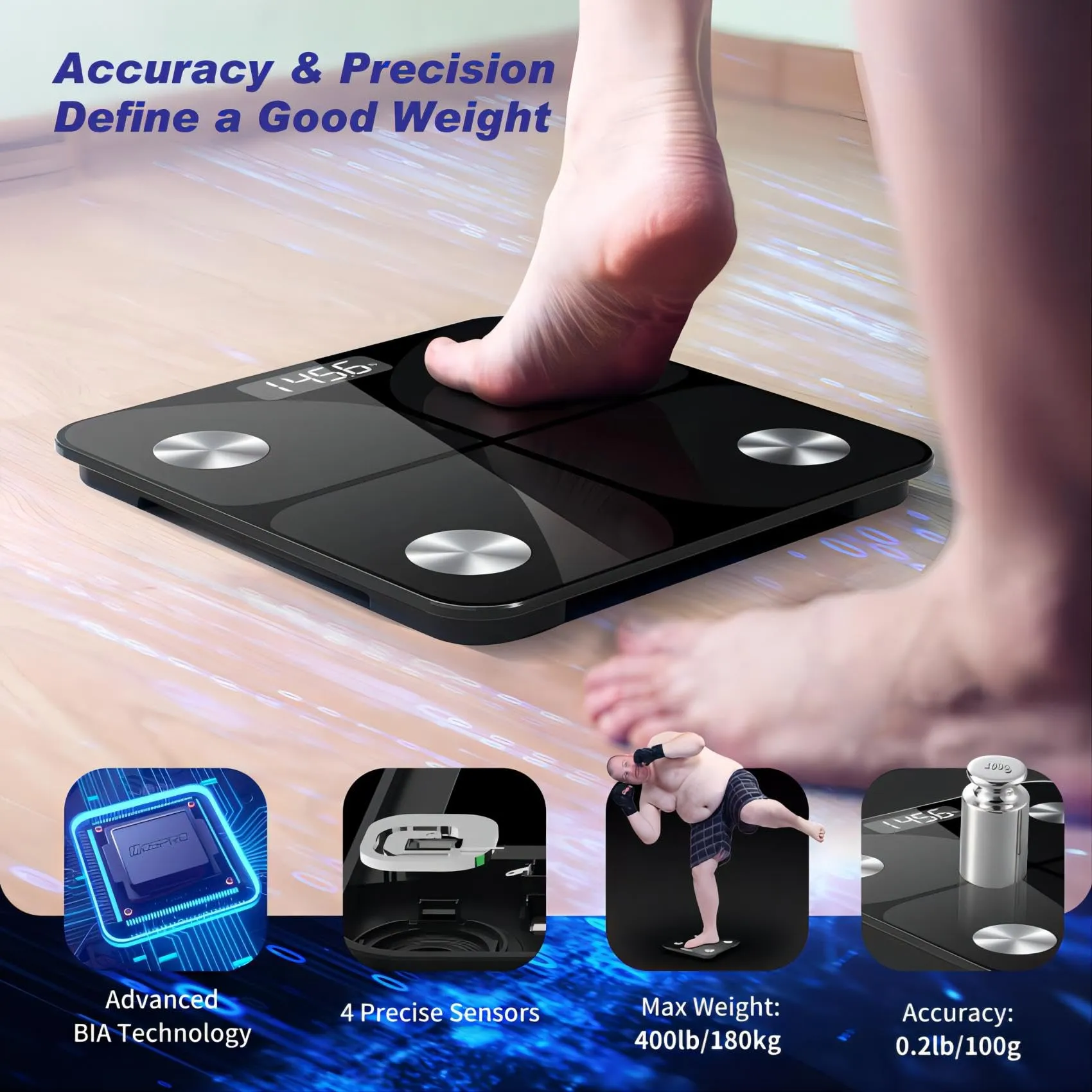 Body Fat Scales, Digital Scales 2025 with Body Fat and Muscle Mass with APP 180kg/400lbs, People Scales Bluetooth Body Scales for Body Fat, BMI, Weight, Water and Muscle Mass Black 260mm/10.3"