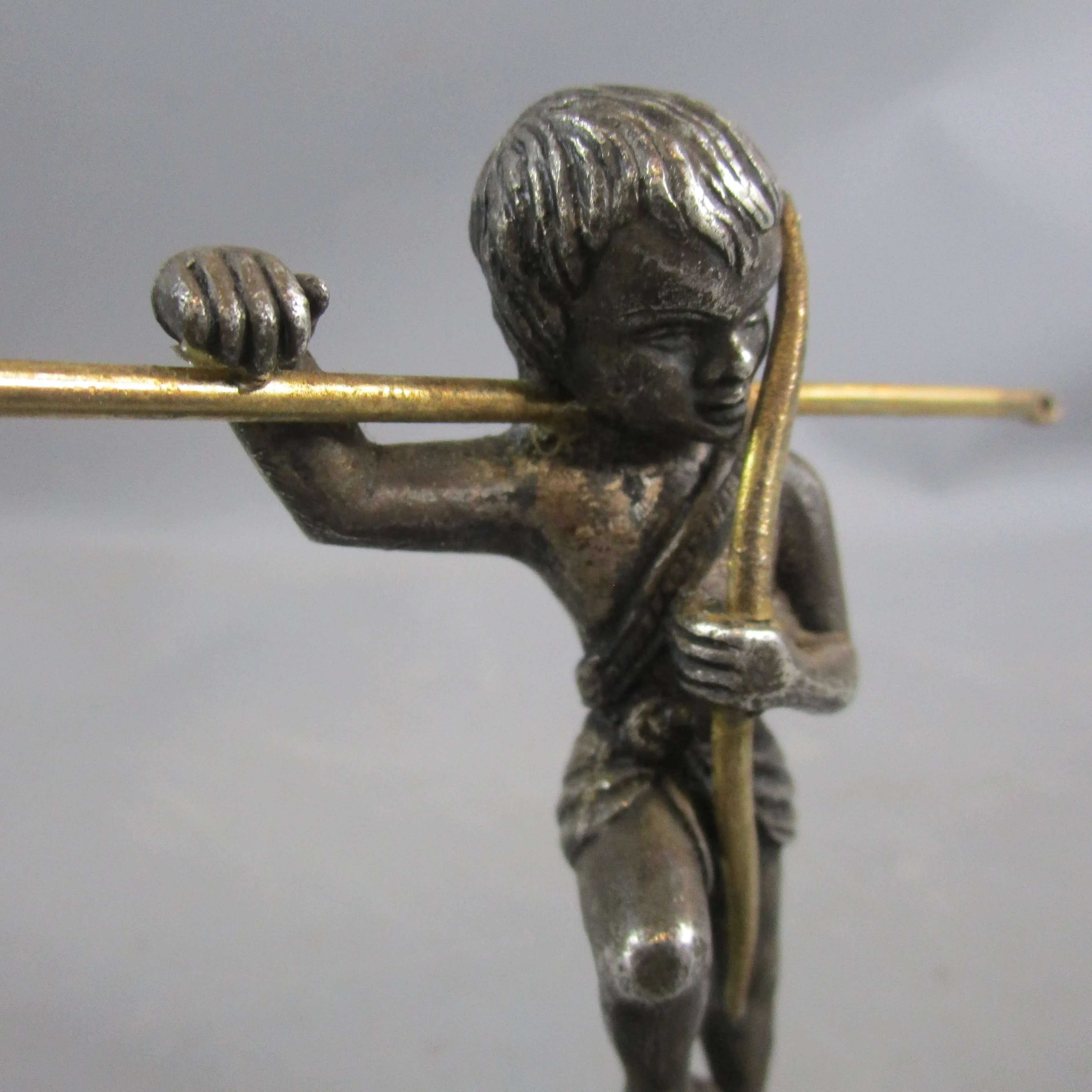 Cast White Metal Cherub Standing On Heart Holding Bow Antique c1880