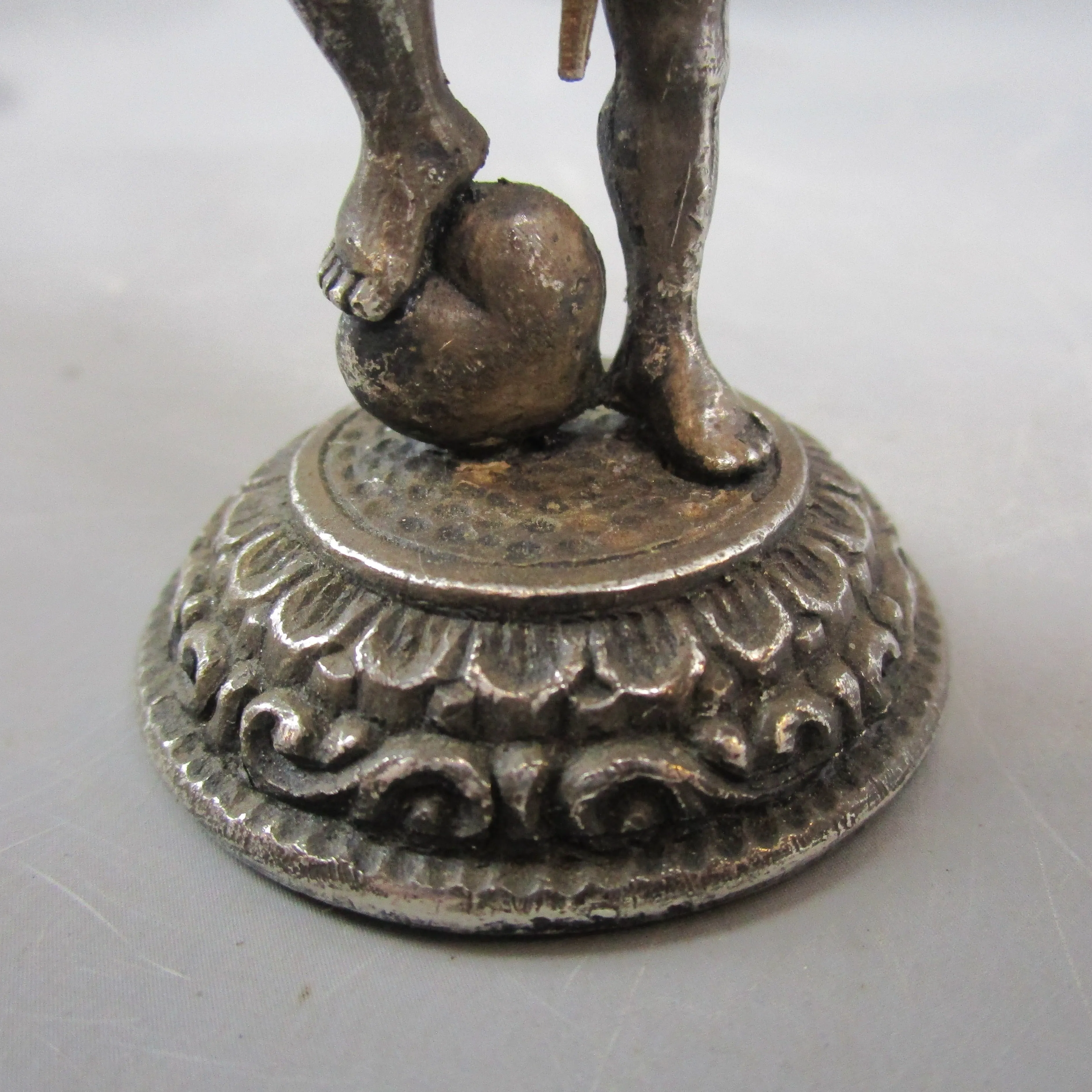 Cast White Metal Cherub Standing On Heart Holding Bow Antique c1880