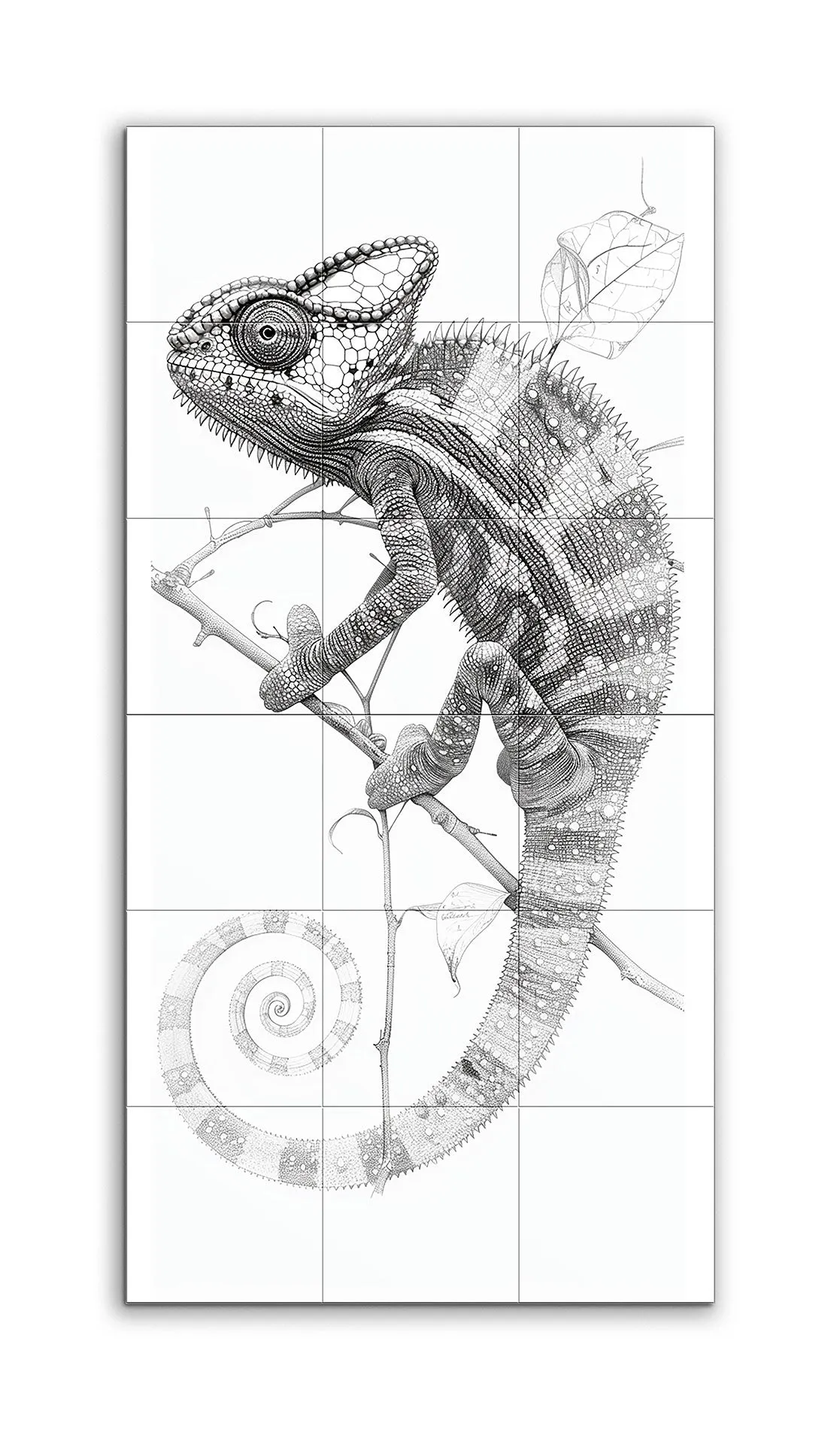 Chameleon Perched: Intricate Black & White Art