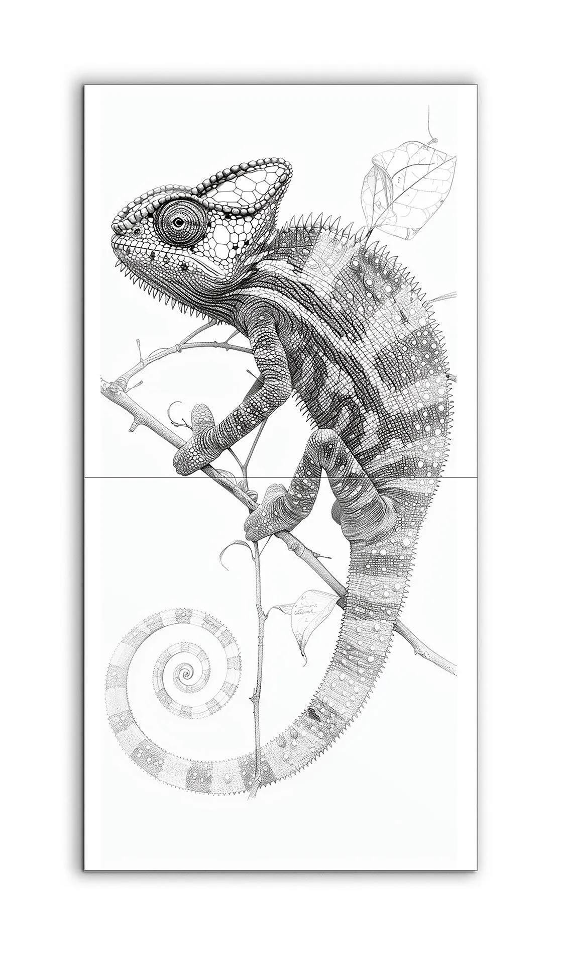 Chameleon Perched: Intricate Black & White Art