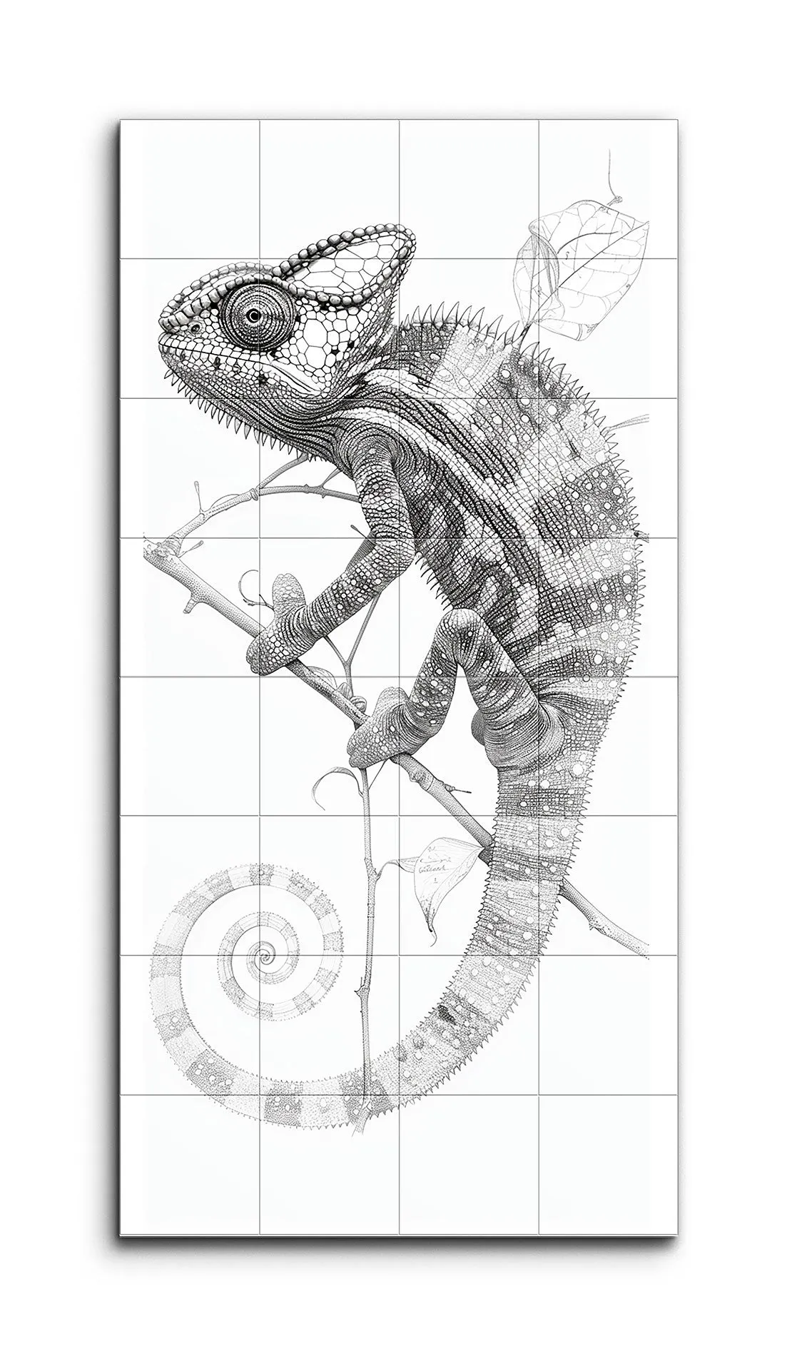 Chameleon Perched: Intricate Black & White Art