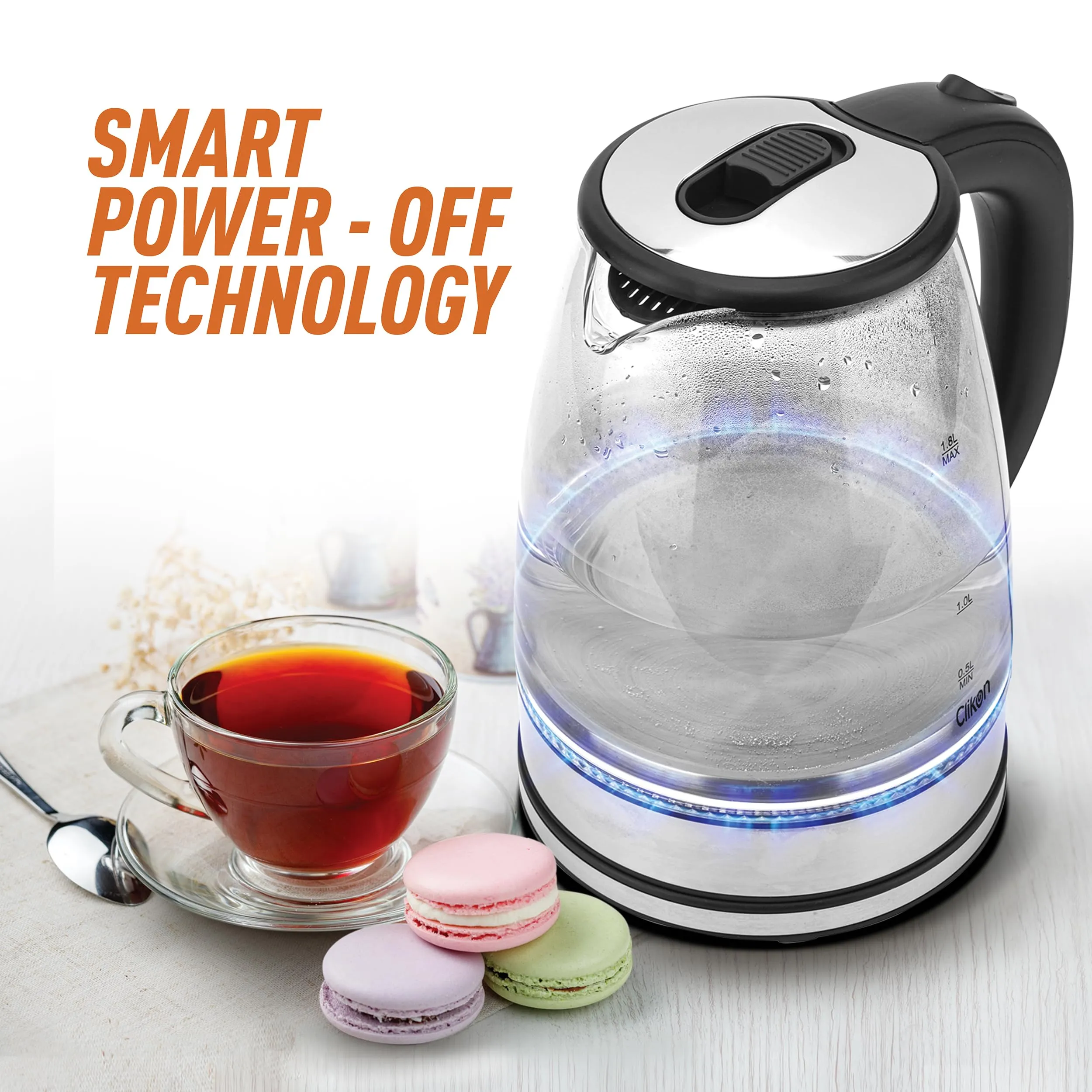 Clikon – 1.8 Liter Glass Body Electric Cordless Kettle with 360° Swivel Base, Power Cord Storage, Auto Cut-off Function, LED Indicator, 1500 Watts, 2 Years Warranty, Clear - CK5138