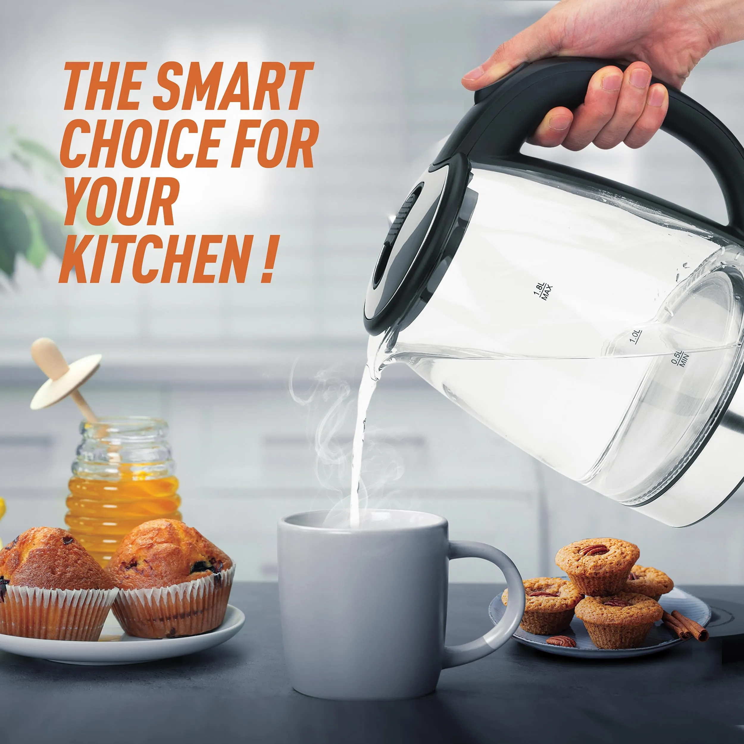 Clikon – 1.8 Liter Glass Body Electric Cordless Kettle with 360° Swivel Base, Power Cord Storage, Auto Cut-off Function, LED Indicator, 1500 Watts, 2 Years Warranty, Clear - CK5138