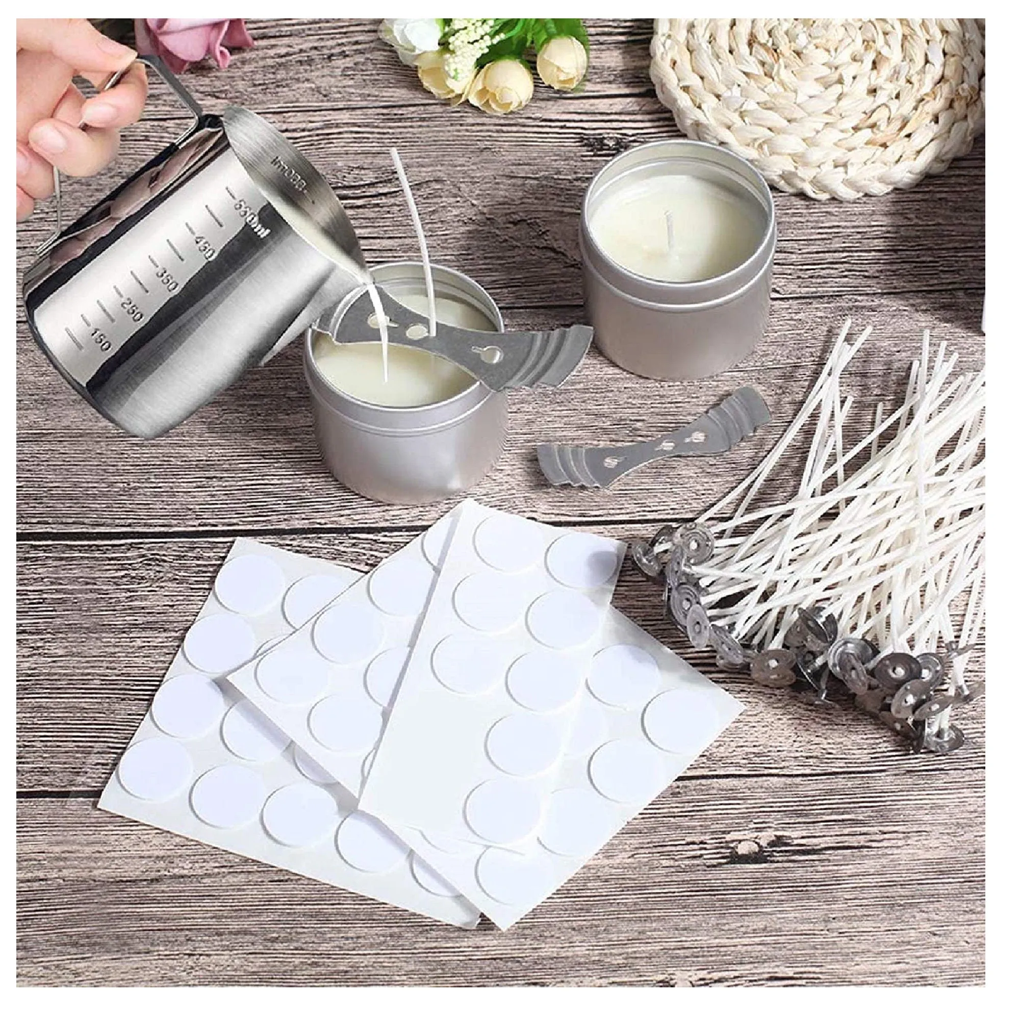 DINGPAI Candle Making Kit | DIY Candle Making Tools | 1 Candle Making Container | 50 Wicks For Candles | 50 Adhesive Wicks