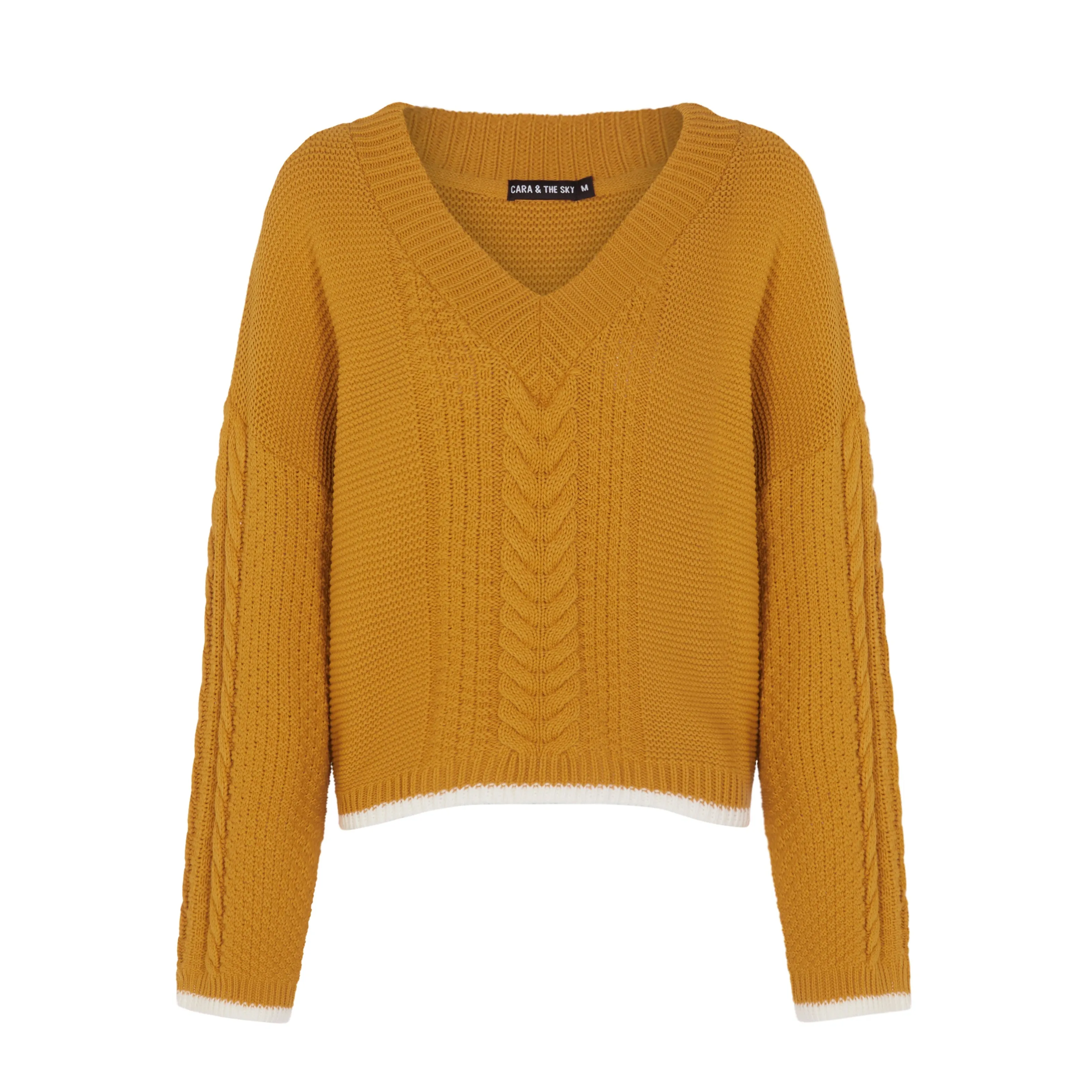 Emma V Neck Cable Jumper - Mustard