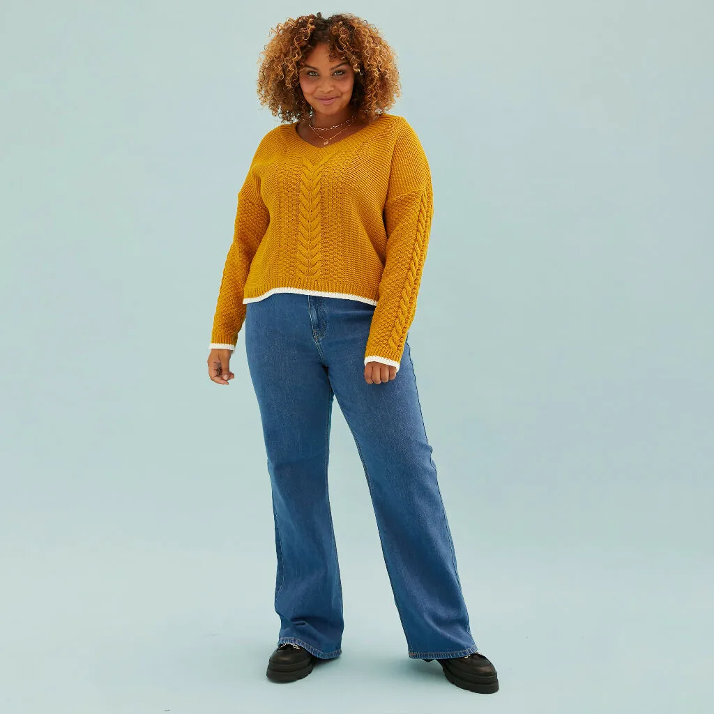 Emma V Neck Cable Jumper - Mustard
