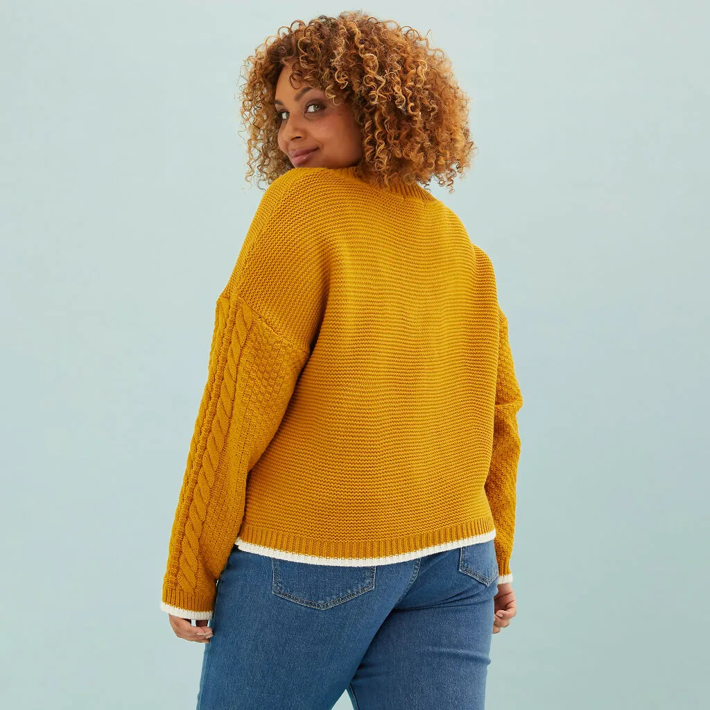 Emma V Neck Cable Jumper - Mustard
