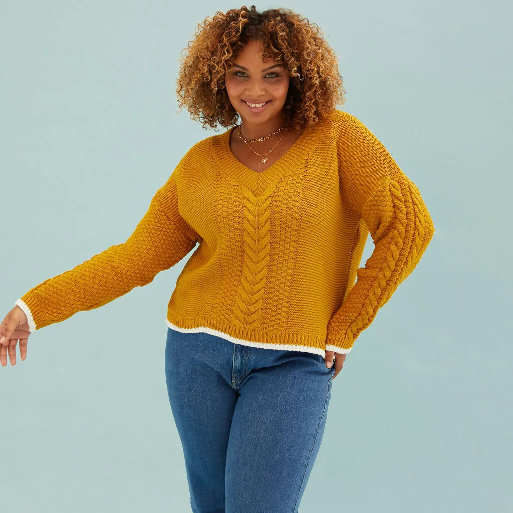 Emma V Neck Cable Jumper - Mustard