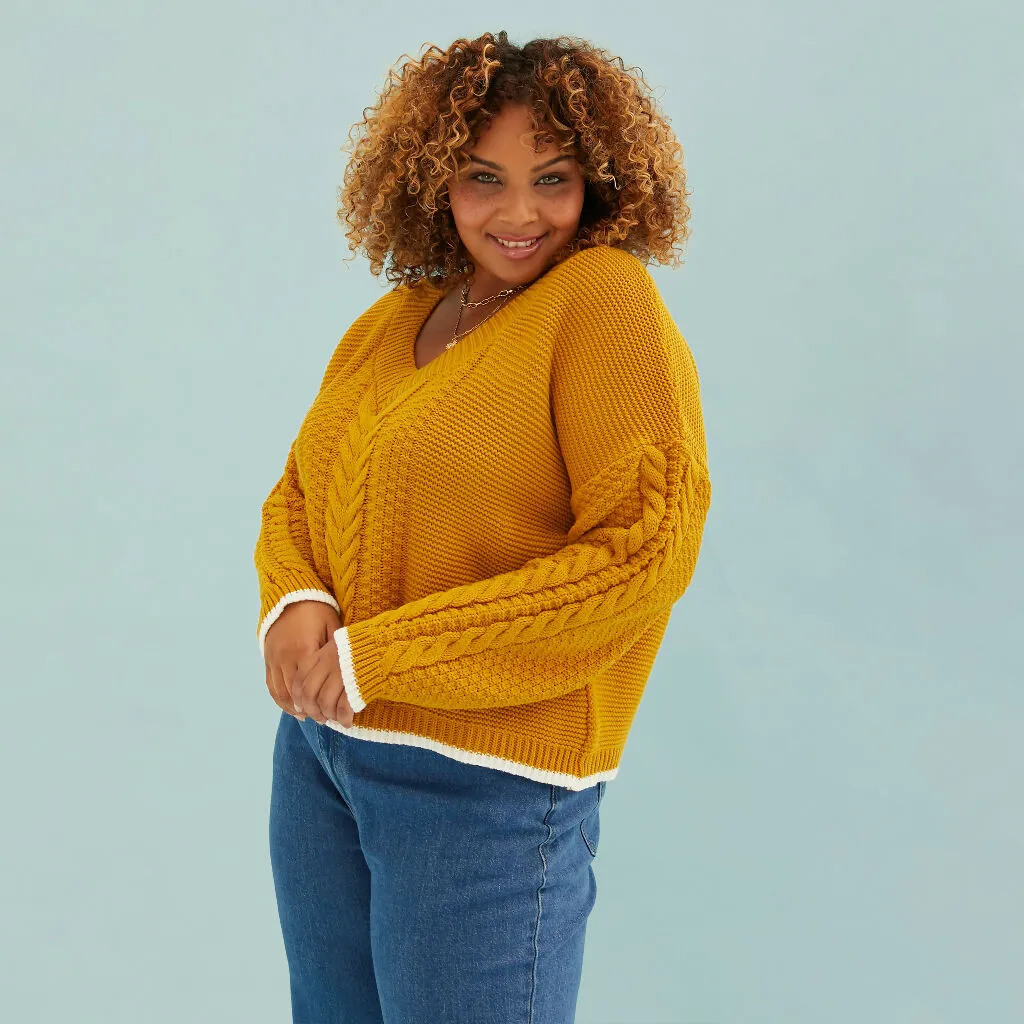Emma V Neck Cable Jumper - Mustard