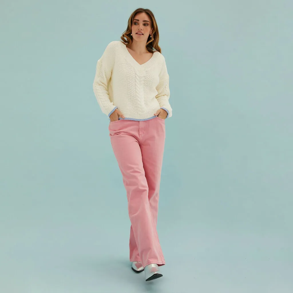 Emma V Neck Cable Knit Jumper - White