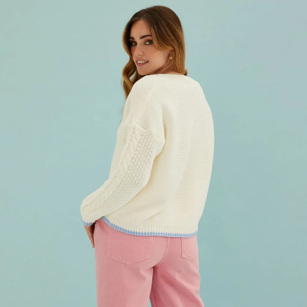Emma V Neck Cable Knit Jumper - White