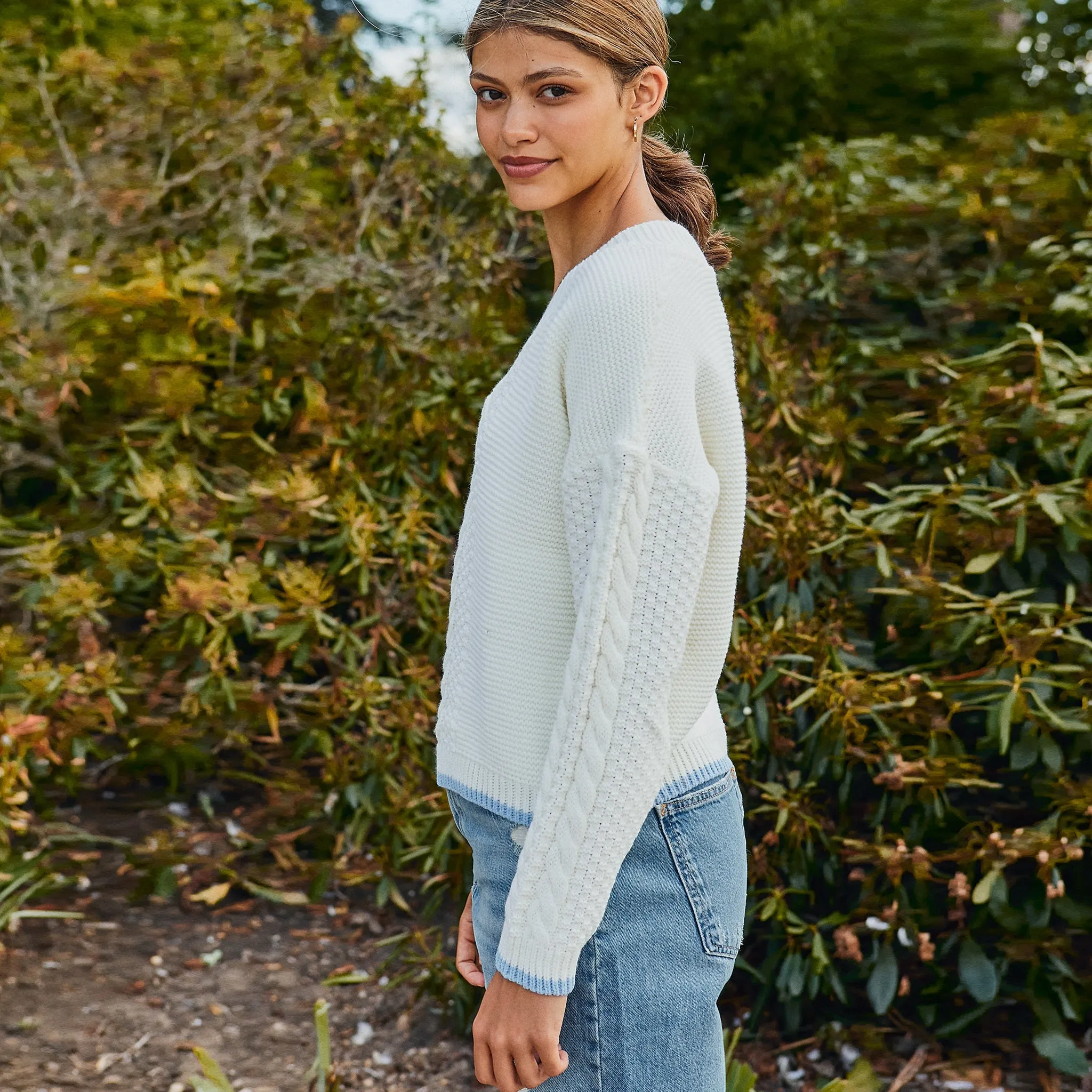 Emma V Neck Cable Knit Jumper - White