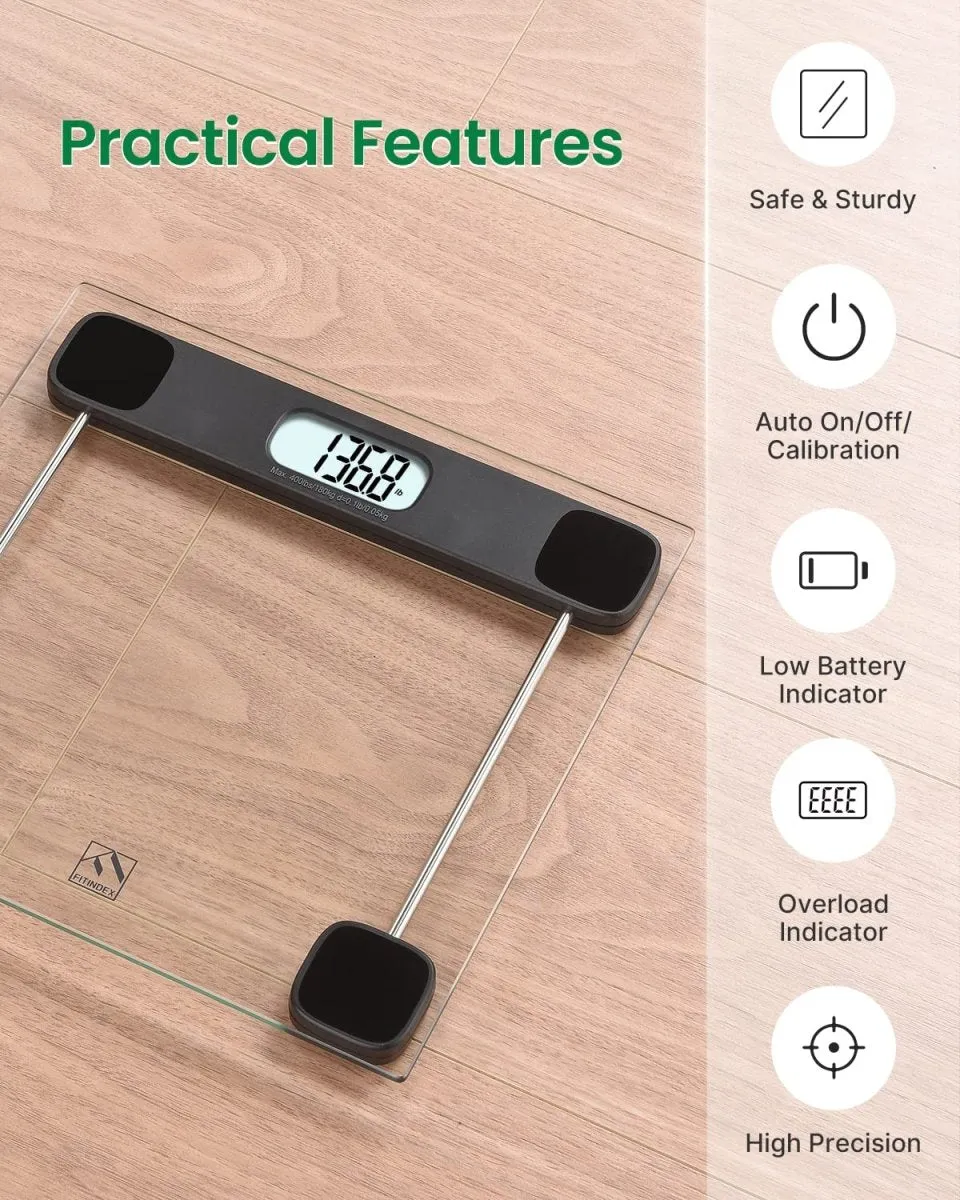 FITINDEX Bathroom Scale for Body Weight Digital Weighing Scale Large LCD Display