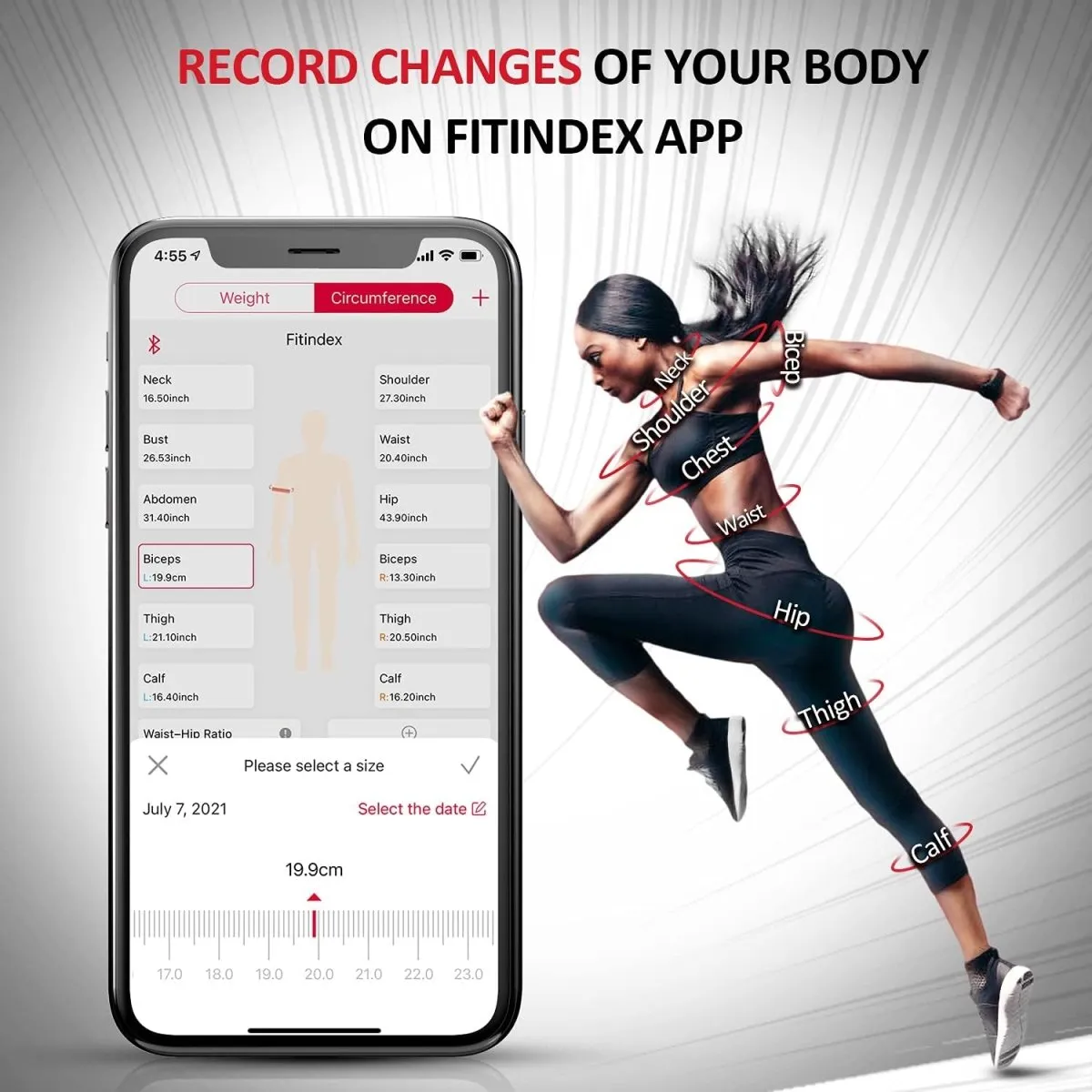 FITINDEX Bluetooth Measuring Tapes Smart Tape Measure Body with App Fitness Weight