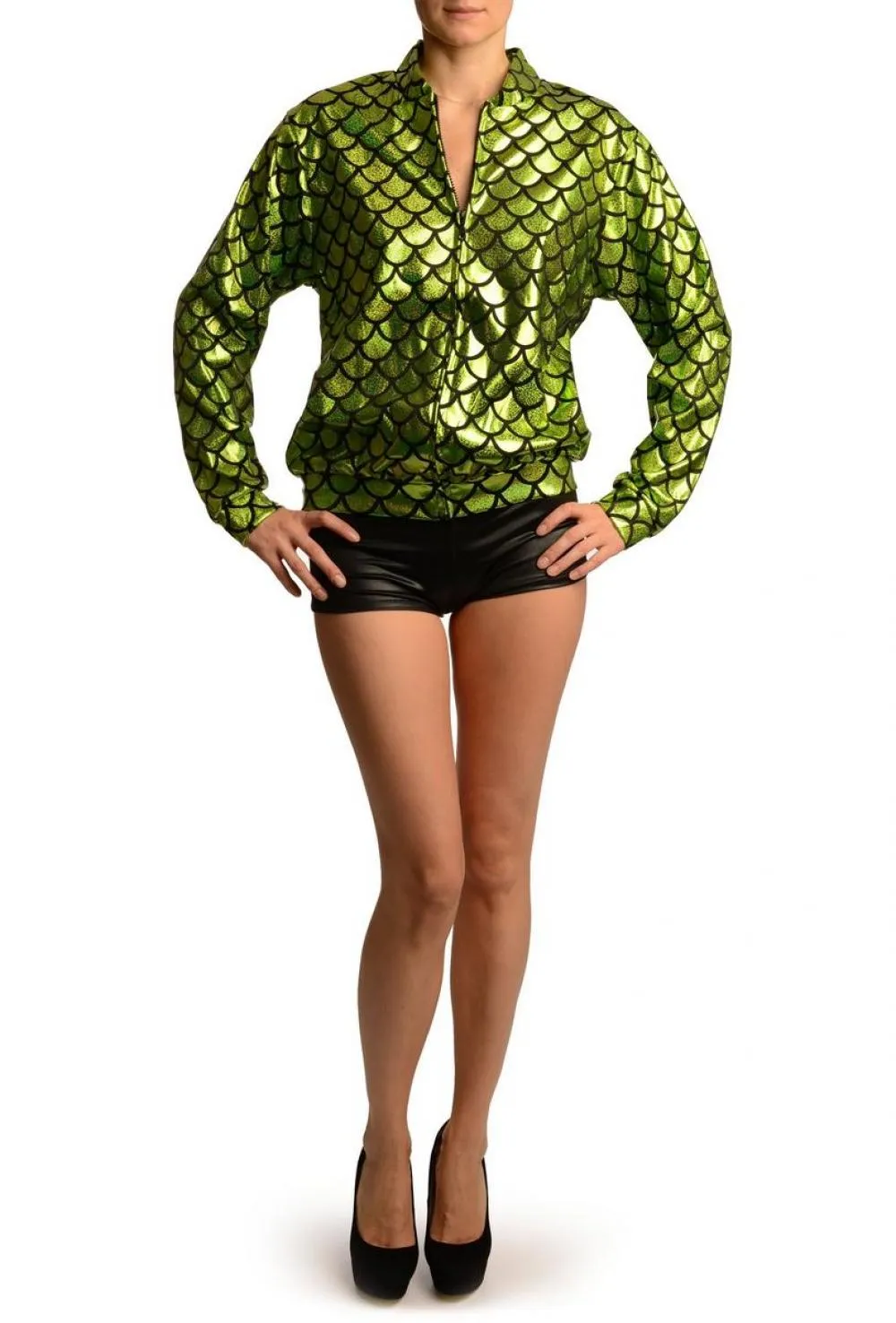 Green Shiny Gloss Mermaid Scales Unisex Zip Disco Jacket