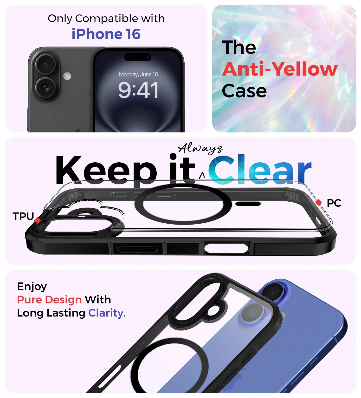 Ice Crystal MagSnap Series [Anti Yellow], Hybrid Transparent PC Military Grade TPU Back Cover for Apple iPhone 16, 6.1 inch, (Transparent Black)
